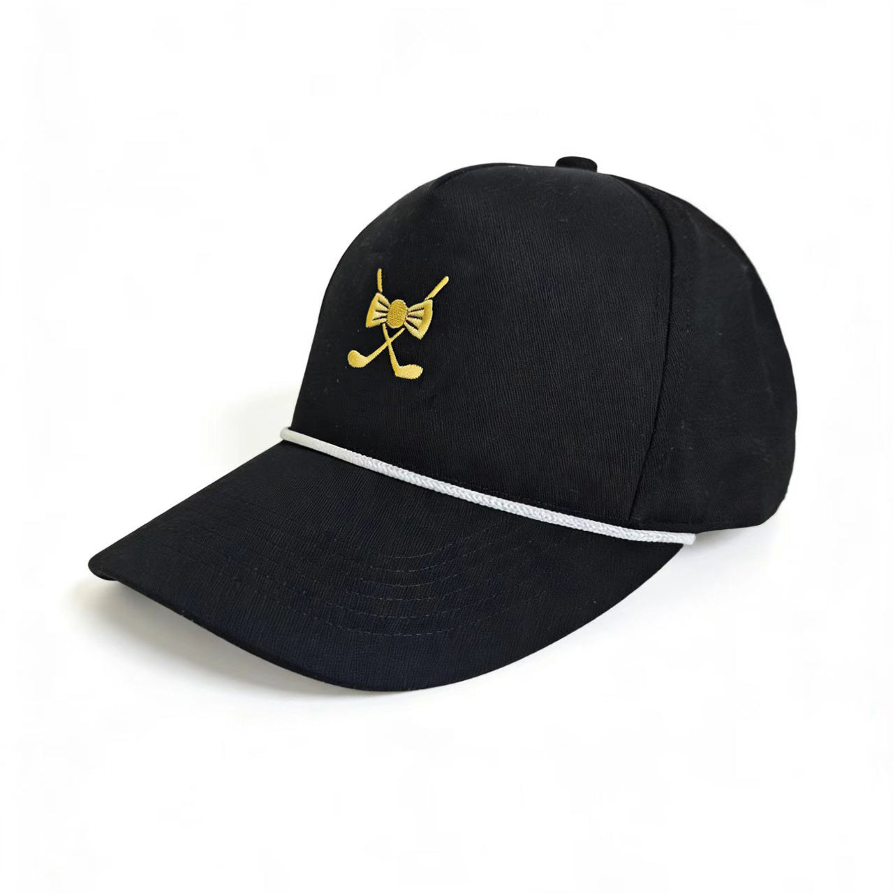 Custom embroidered black vintage Golfgentry snapback hat with gold golf design