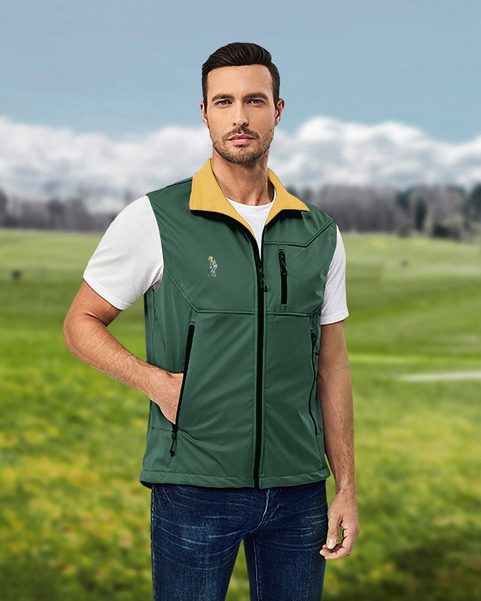 Men's Yellow Green Halloween Skeleton Golf Lightweight Softshell Vest Sleeveless Jacket for Golf Windproof Waterproof