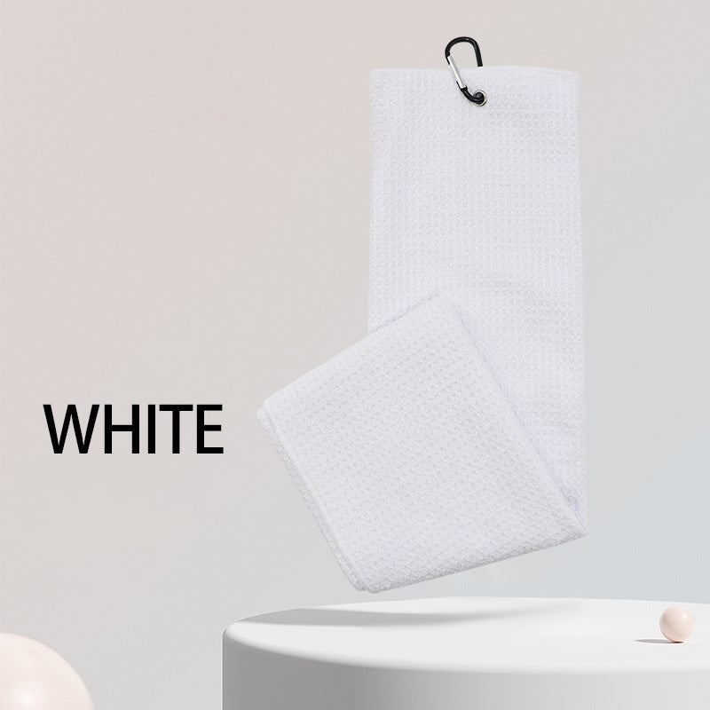 White sports microfiber waffle golf towel with custom embroidered logo and clip for golf clubs