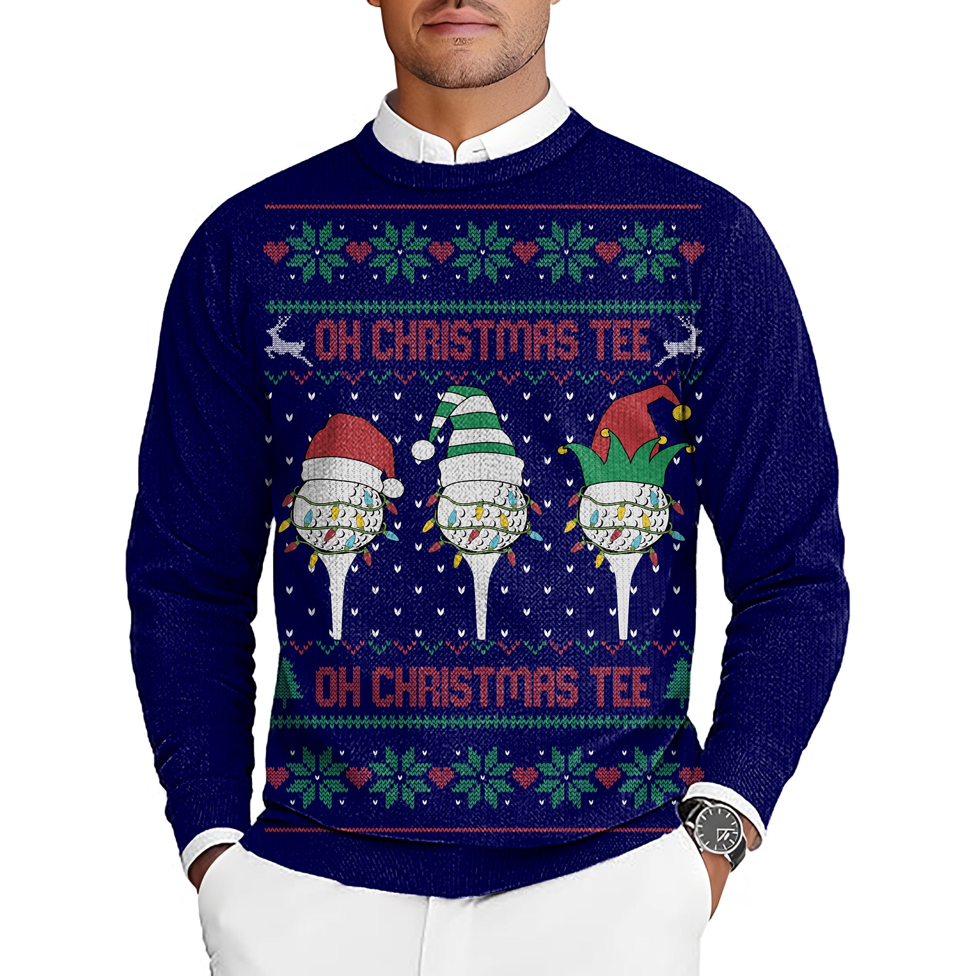 Navy-Christmas Custom face Men's Golf Crewneck Pullover Sweaters Ugly Sweater