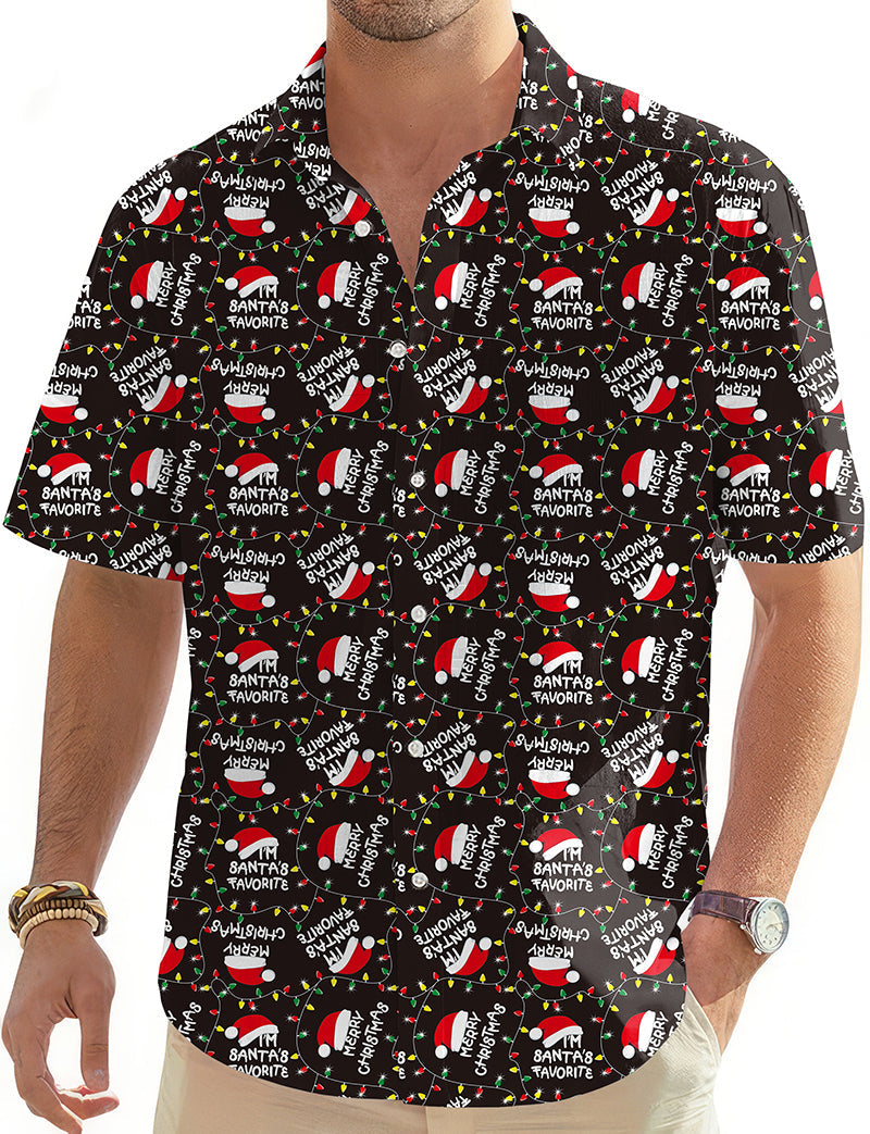 Men's black Christmas hat themed Hawaiian golf shirt with button-down and short sleeves