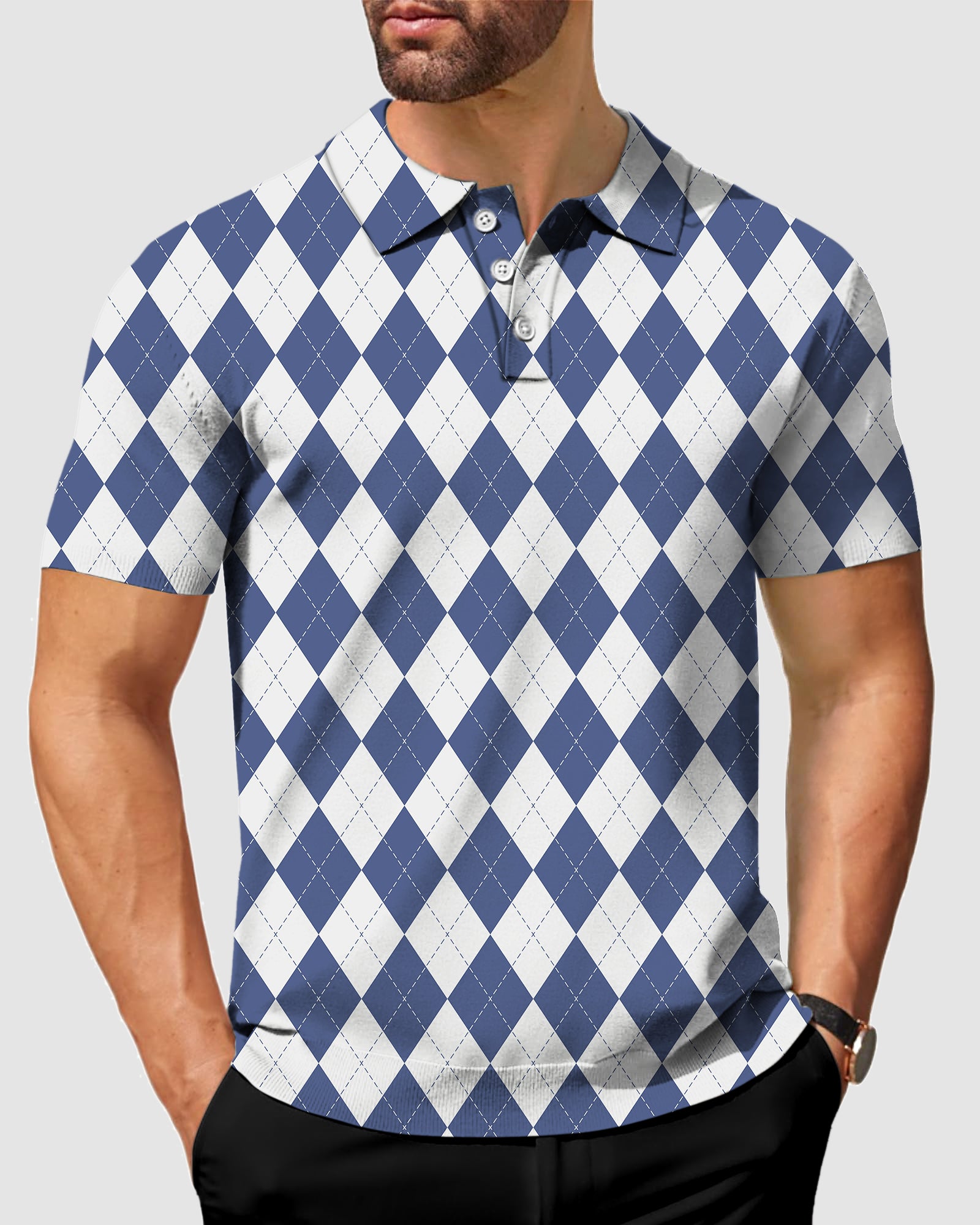 Men's Blue diamond grid Golf Polo