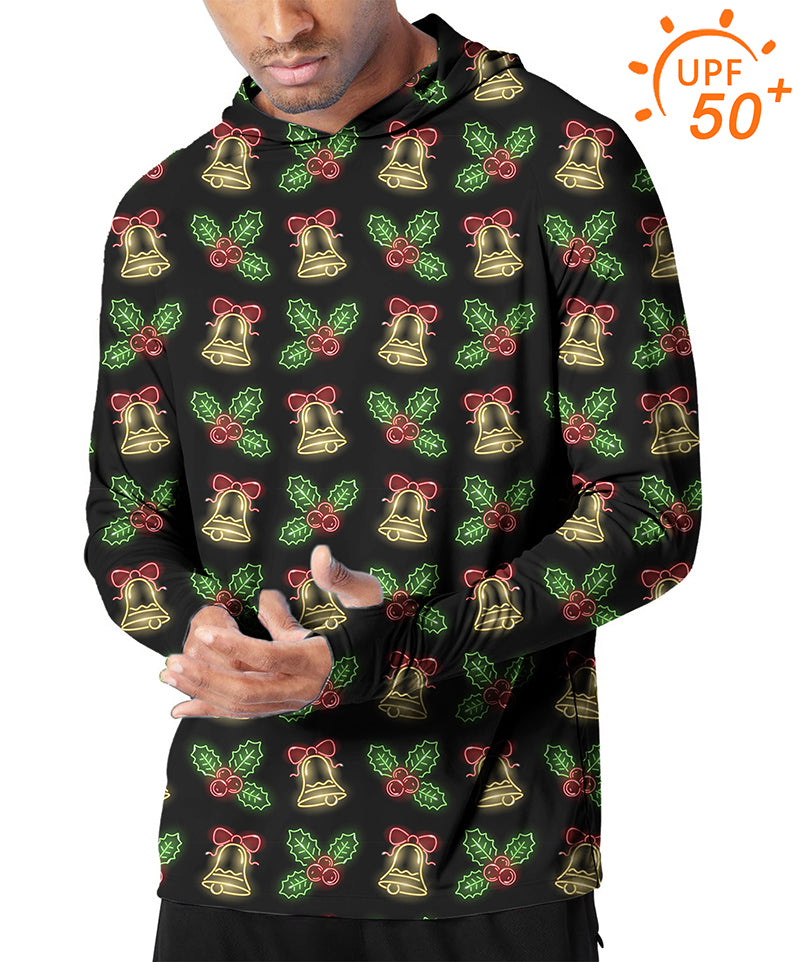 Men's outdoor Christmas neon lights slim fit hoodie with UPF 50+ sun protection and festive bell and holly design