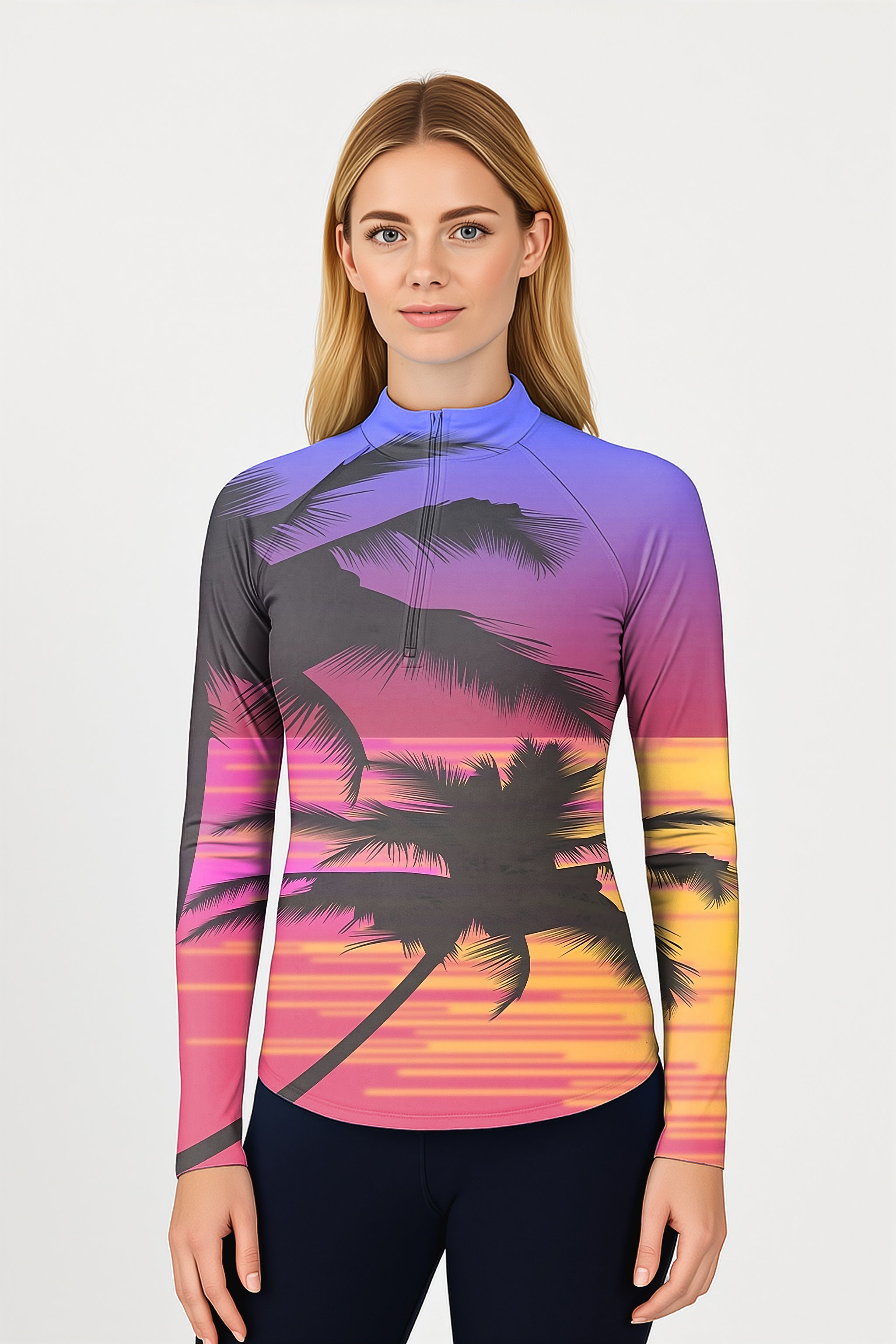 Red Sunset Palm Tree Women's Golf Active 3/4 Zip Top