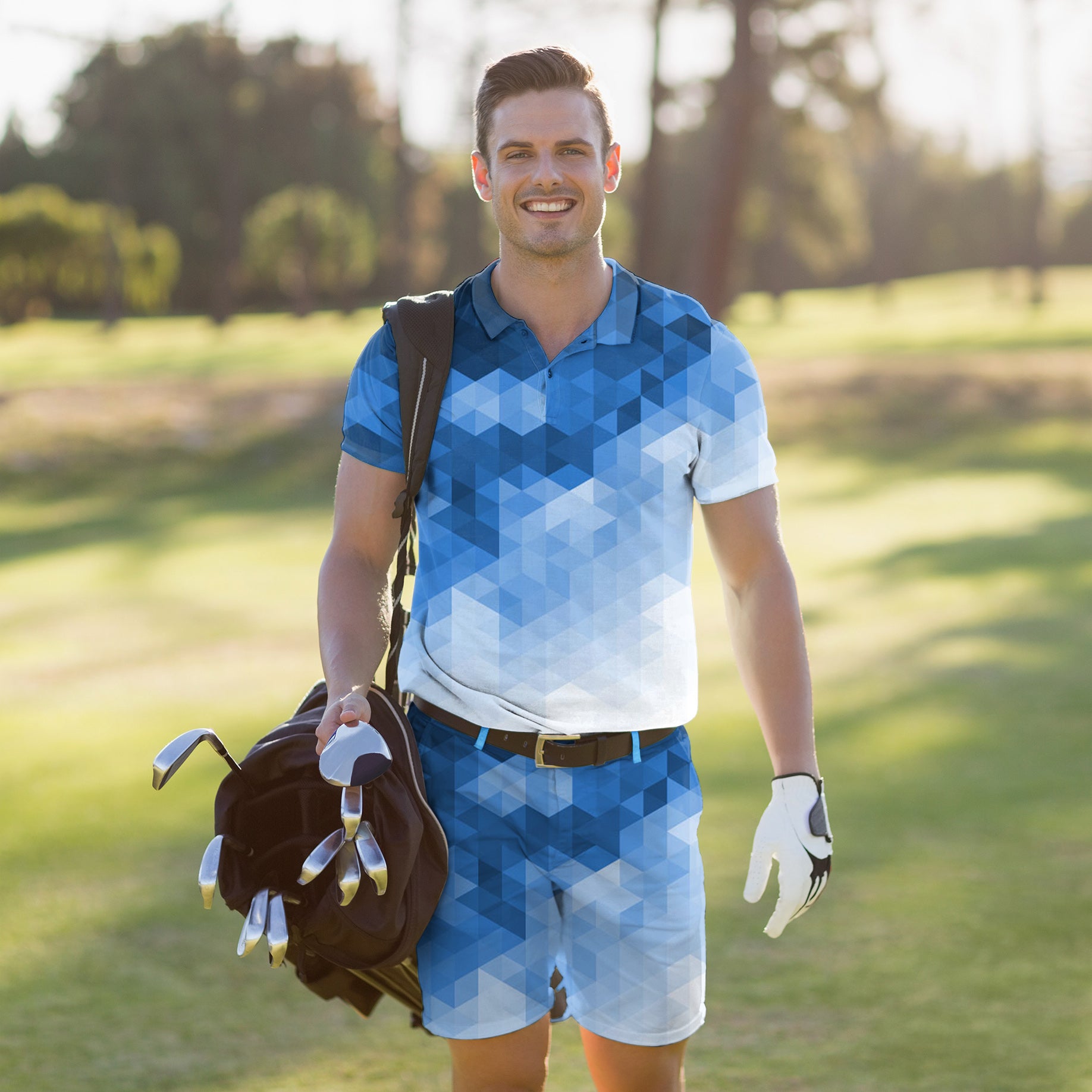 Men's Golf Set Polo+Shorts Abstract Blue Background With Triangular Pattern