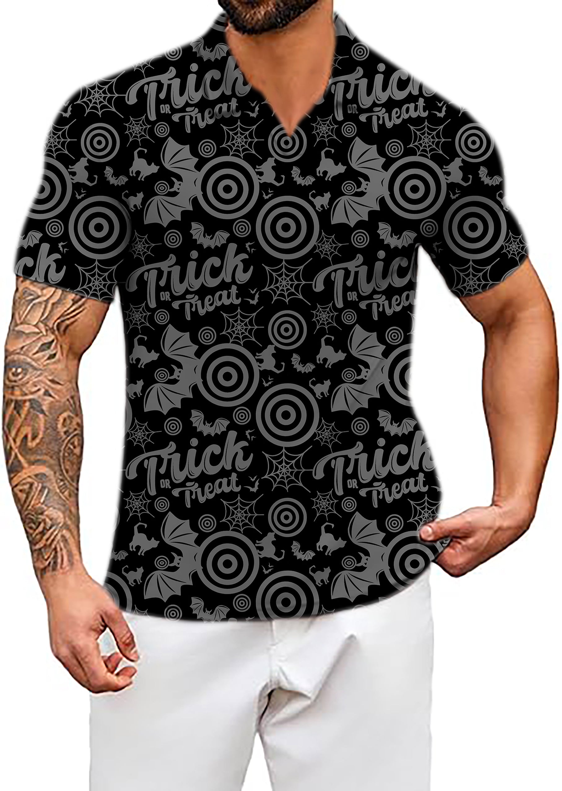 Men's Coconut Palm Halloween Circle Bat Cat V Neck Golf Polo Shirts