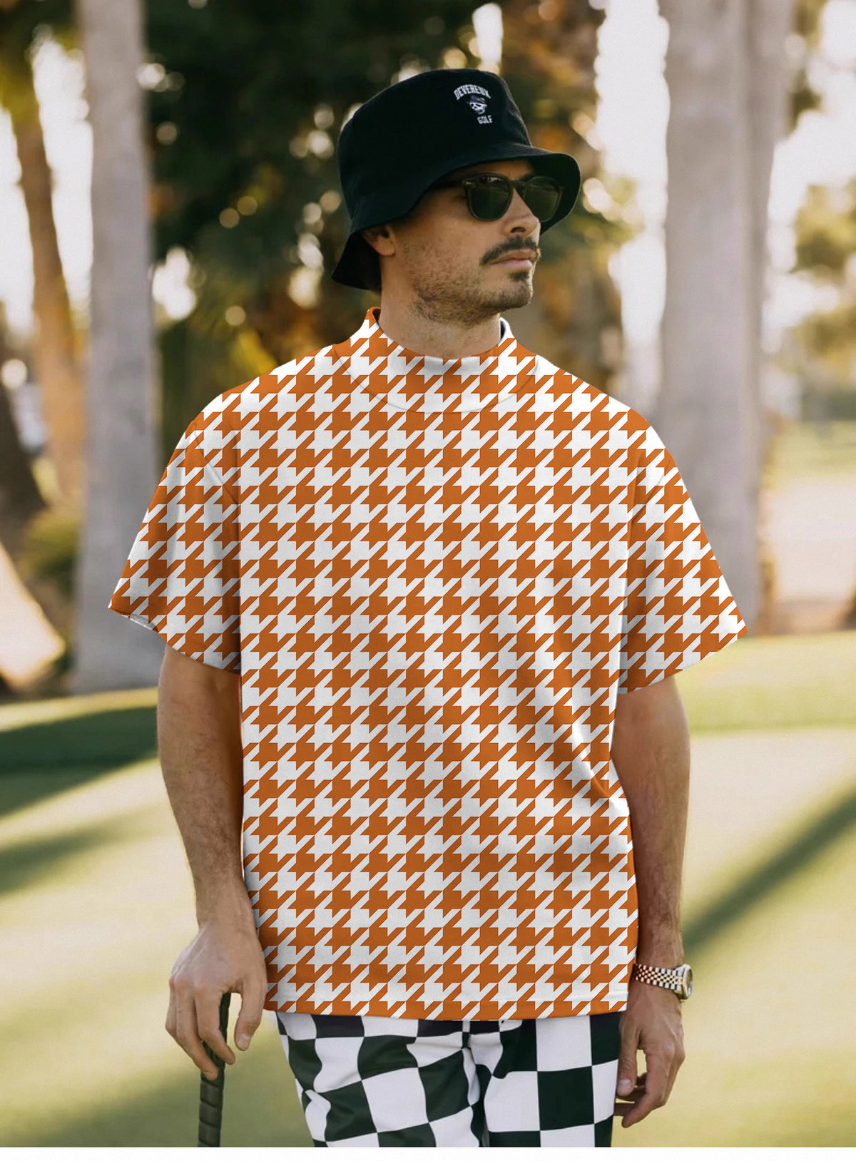 Men's Halloween yellow and white houndstooth Mock Neck Long/Short Sleeve Golf Tops