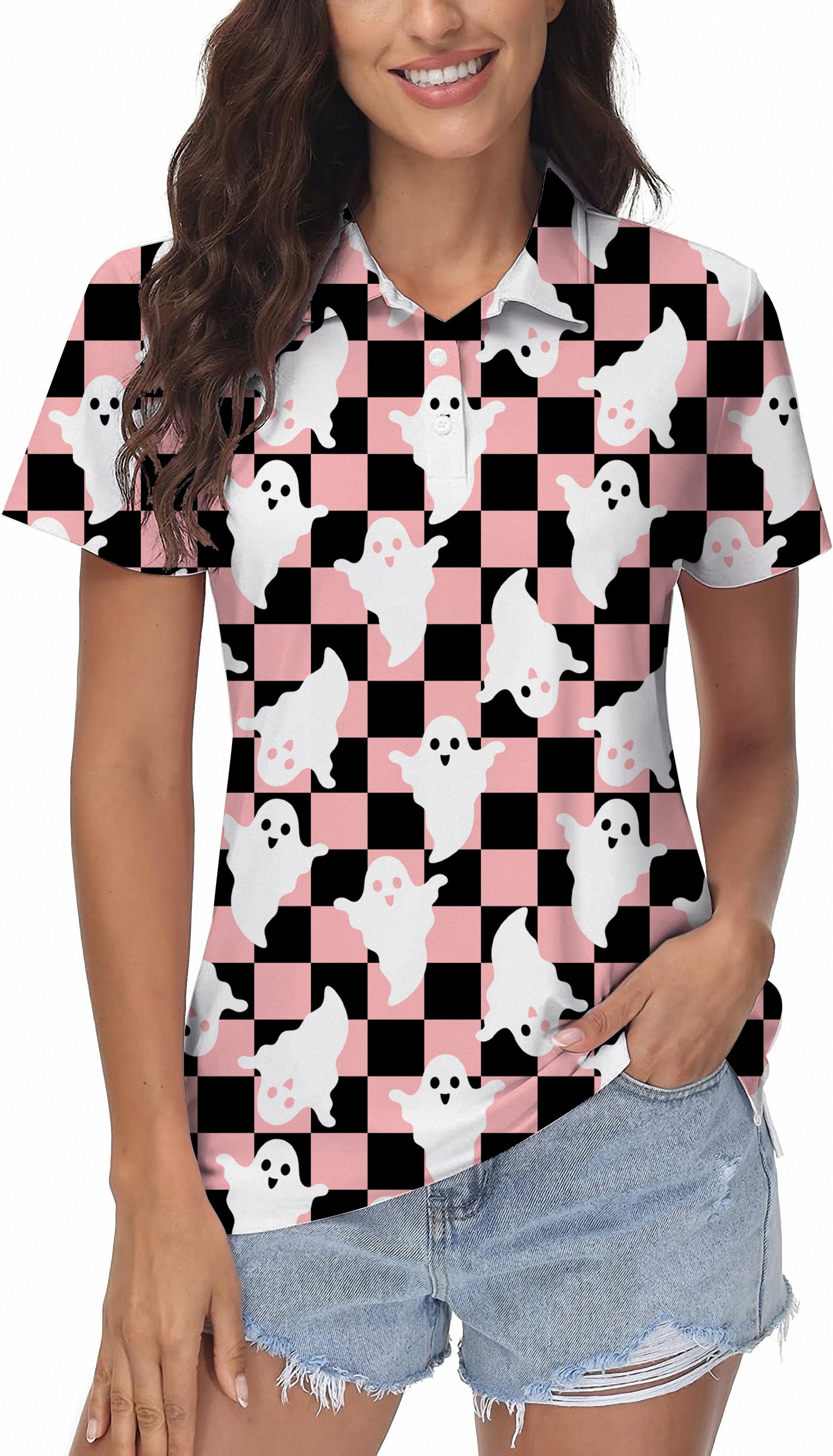 Halloween Black and White Checkerboard Ghost Women's Golf Polo