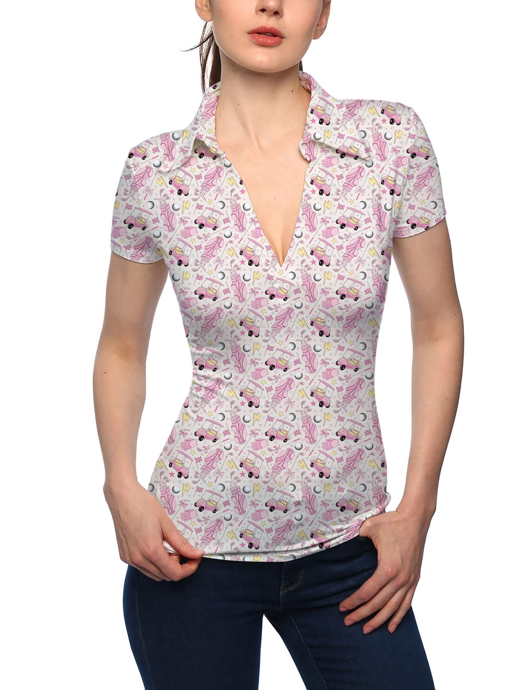 Women's Pink Golf Cartoon V Neck Golf Polo