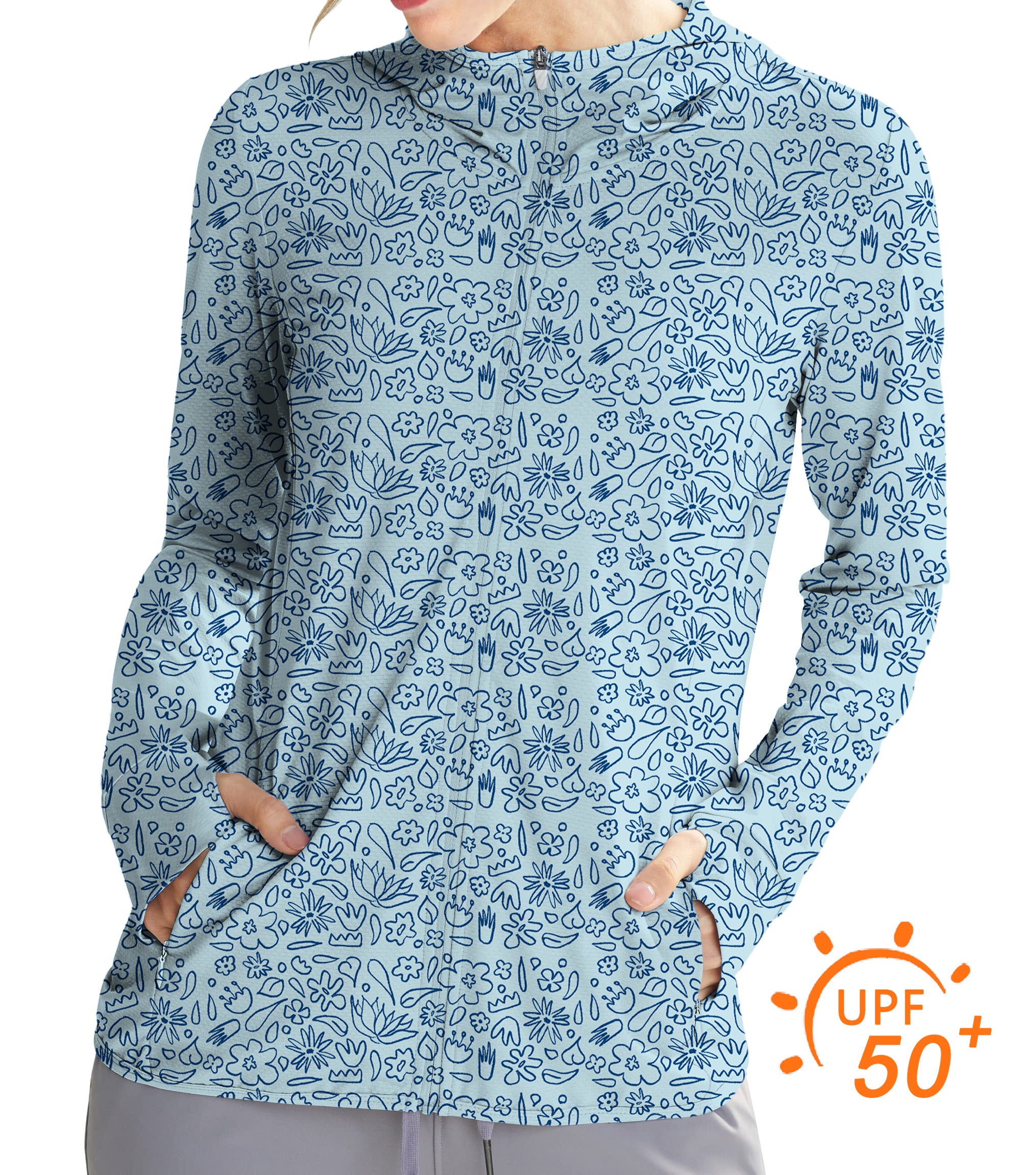Women's Outdoor Simple Blue flower drawing Golf Sun Protection Slim Fit zip hoodies