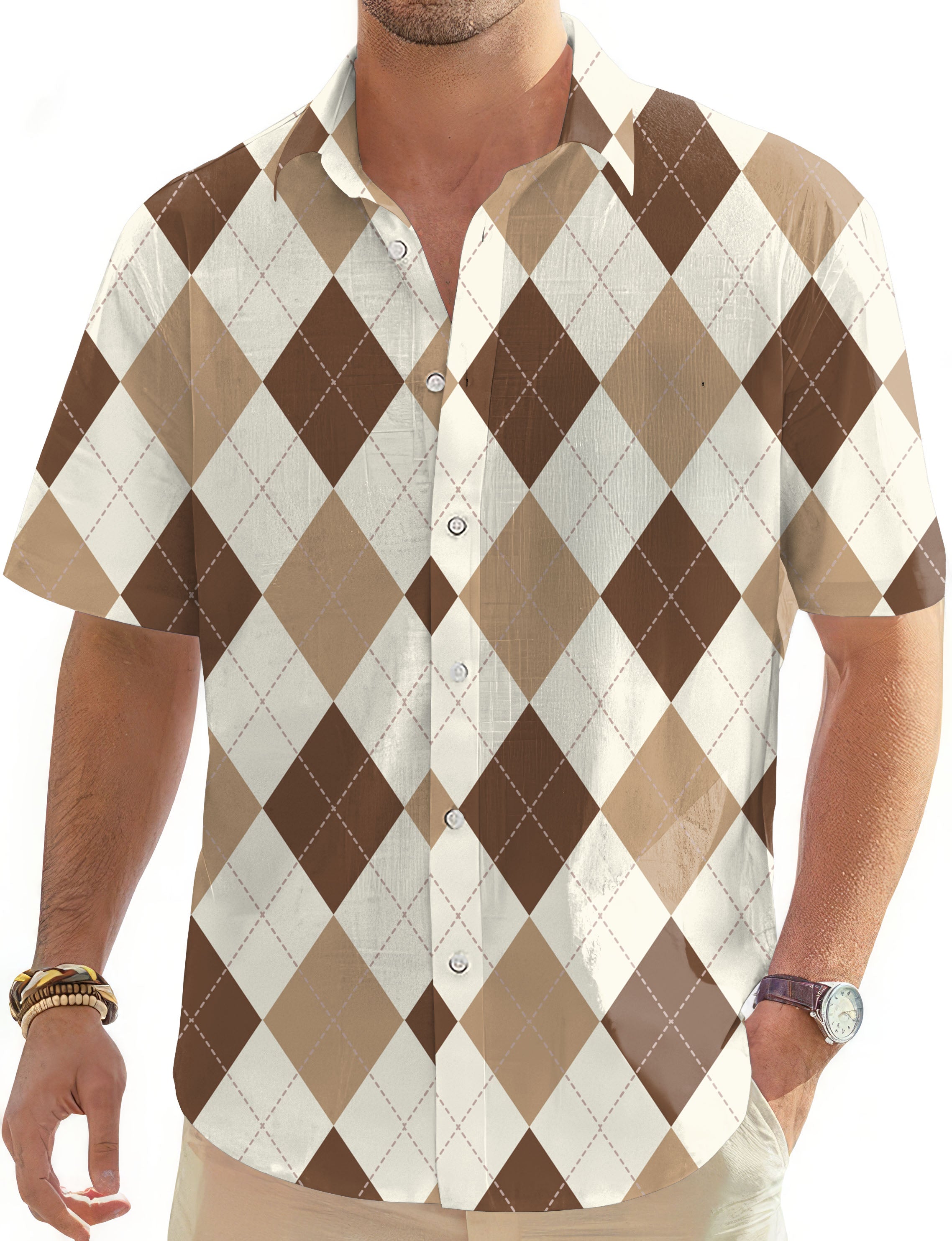 brown Argyle-Men's Golf Hawaiian Shirts Button Down Shirt