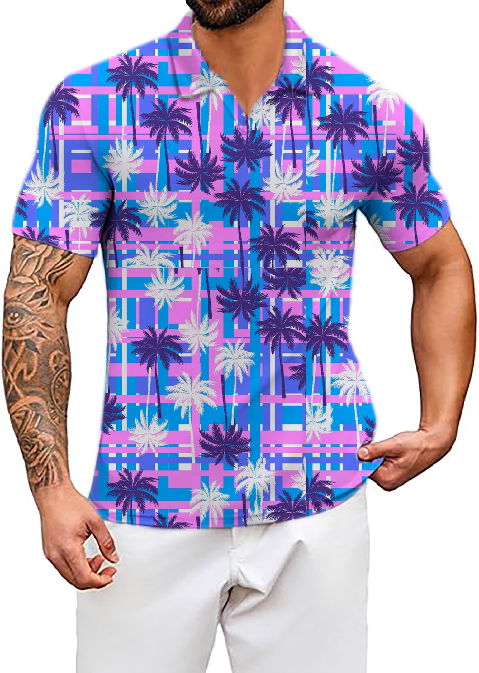 Men's Purple Palm tree V Neck Golf Polo Shirts