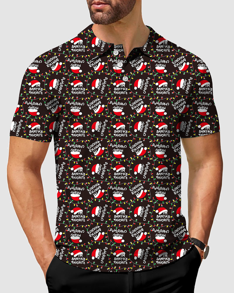 men's black Christmas hat polo shirt with festive print and classic fit