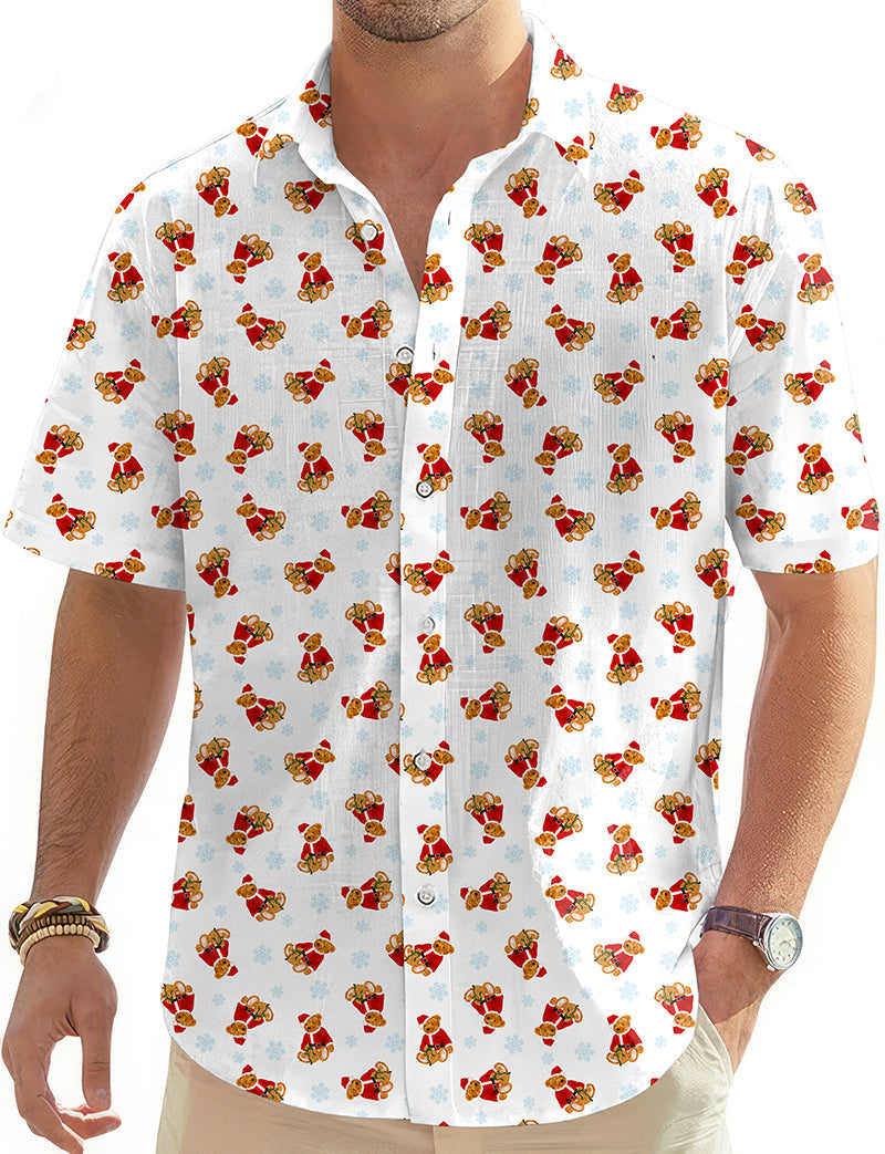 Men's Christmas Teddy Bear Hawaiian button-down shirt with short sleeves and festive pattern