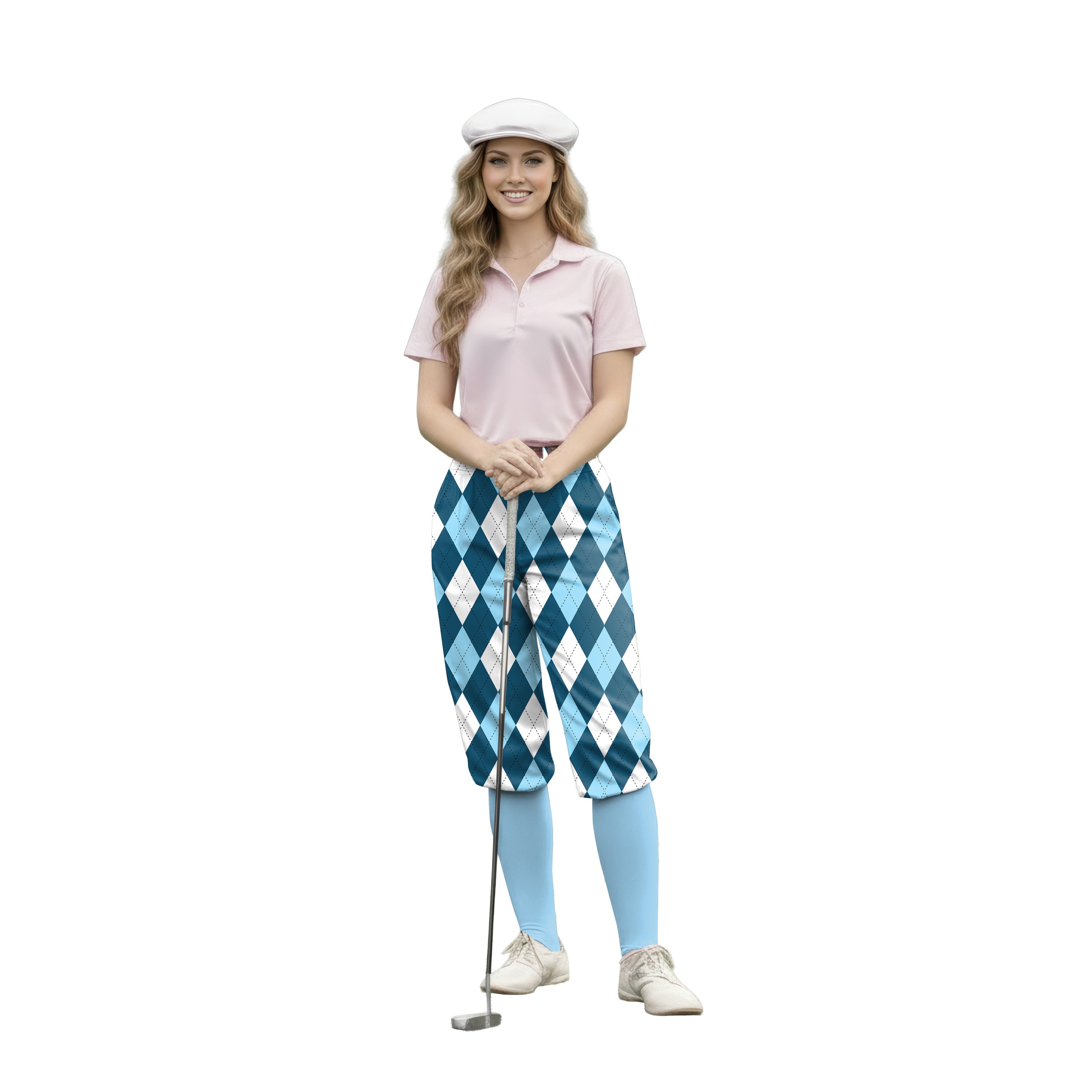 woman golfer wearing diamond moderate blue argyle knickers pants with light pink polo and white cap