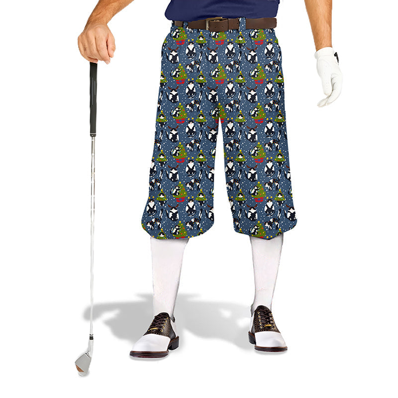 Christmas black and white cat men's golf knickers with festive pattern and adjustable size