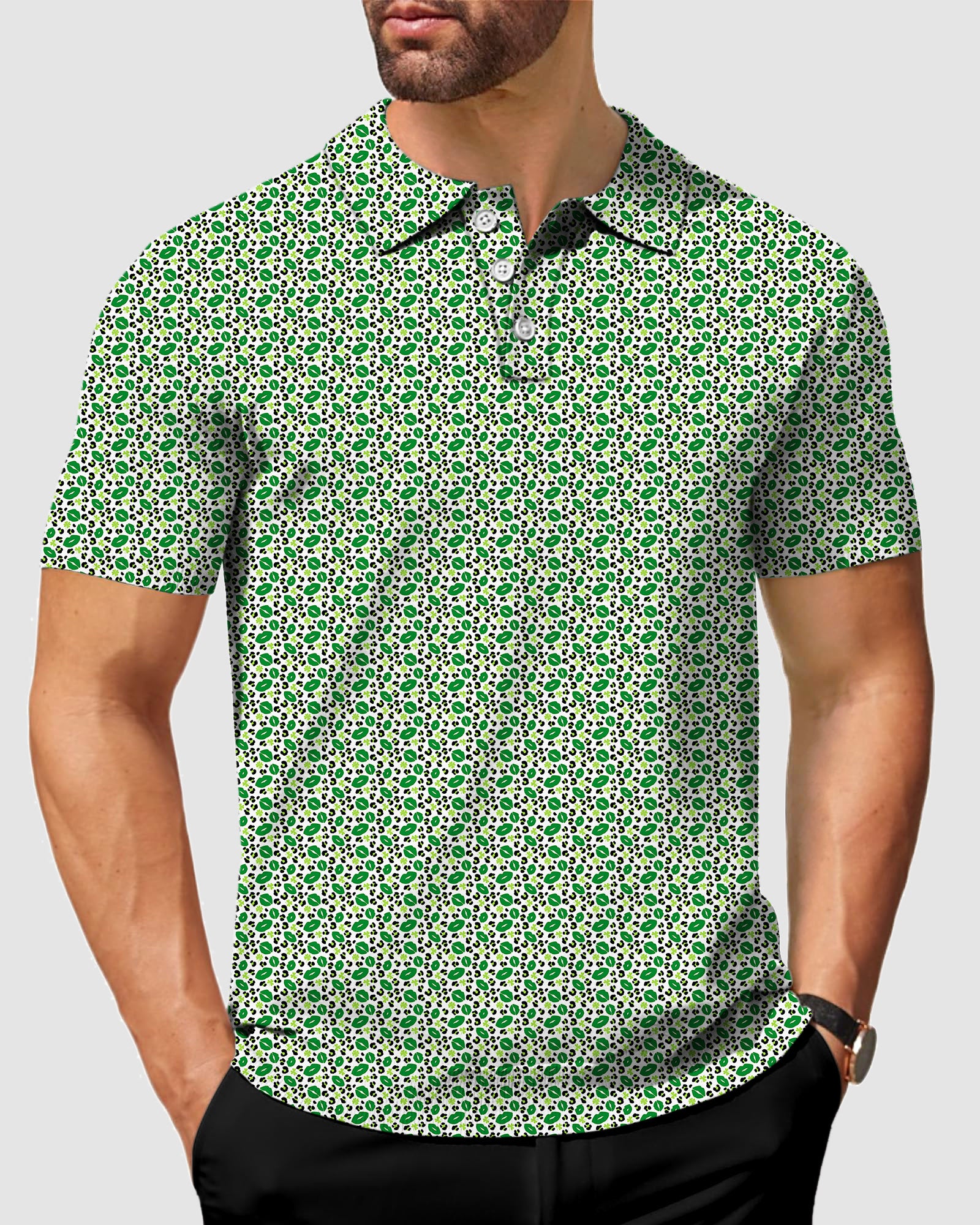 Men's Green leopard kiss St. Patrick's Day Golf Polo