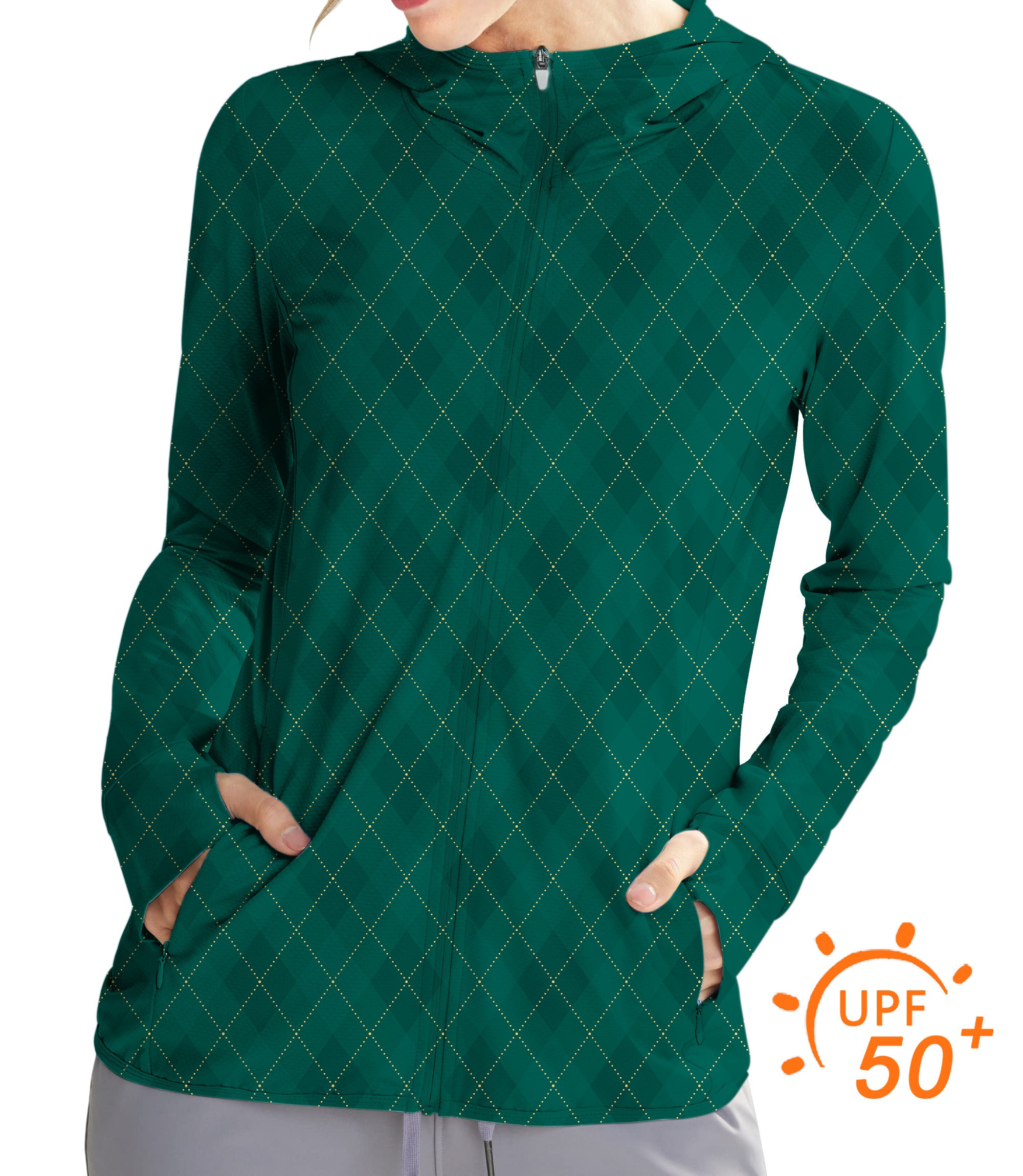 Women's Outdoor Green diamond grid Golf Sun Protection Slim Fit zip hoodies