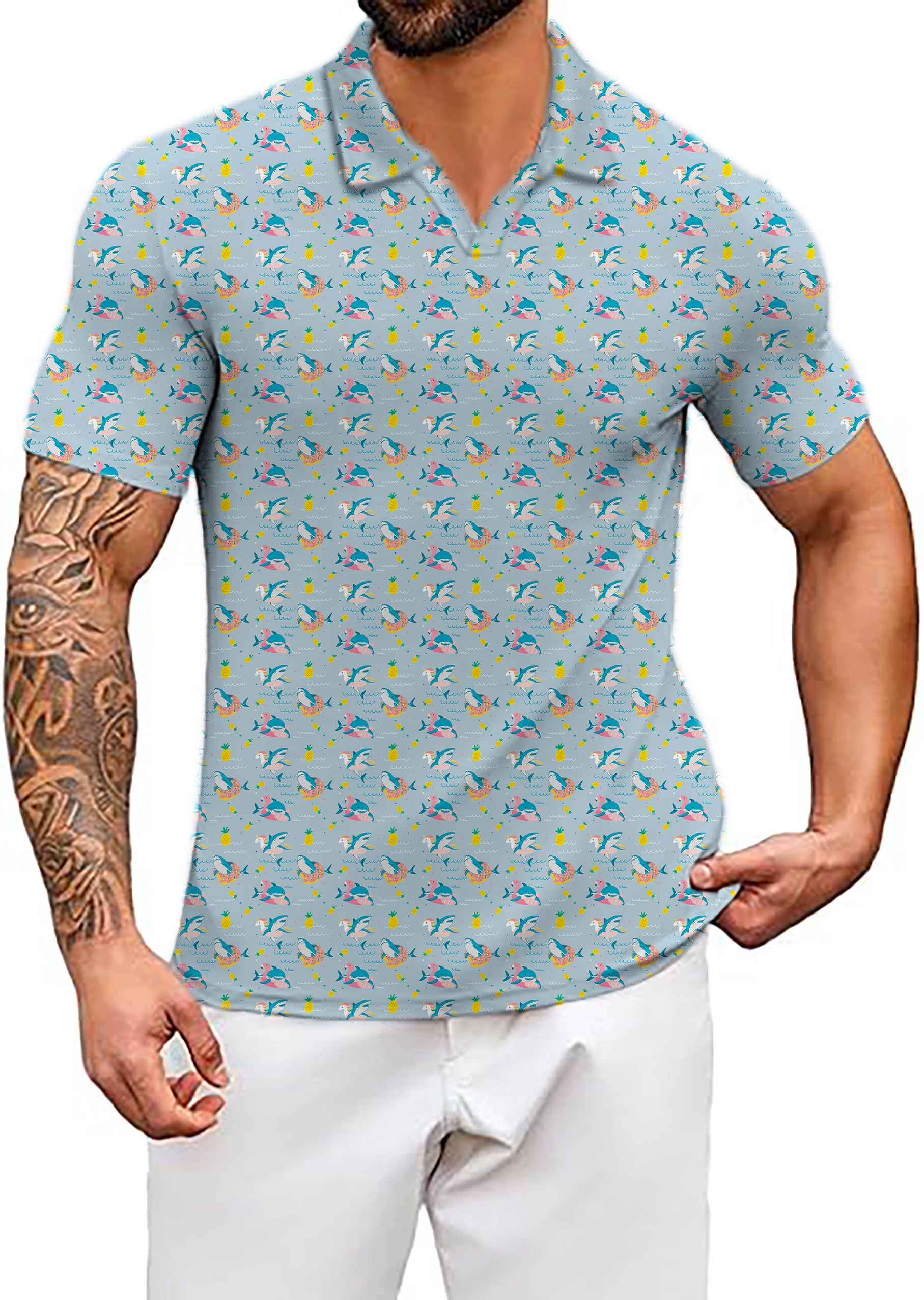 Men's Shark Flamingo Unicorn V Neck Golf Polo Shirts