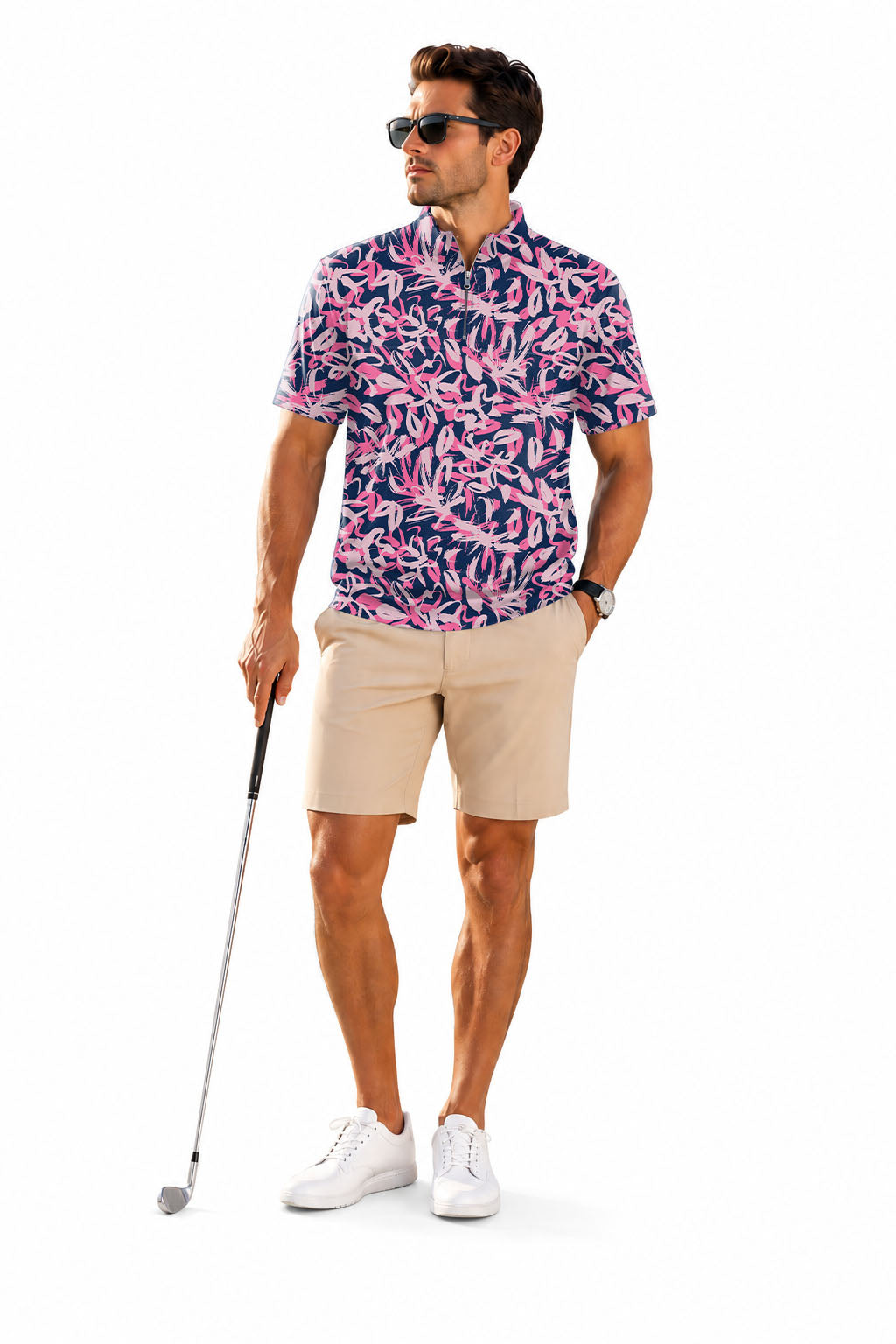 Men's Short Sleeve Quarter Zip Golf Pullover   Draw Flowers Embroidery
