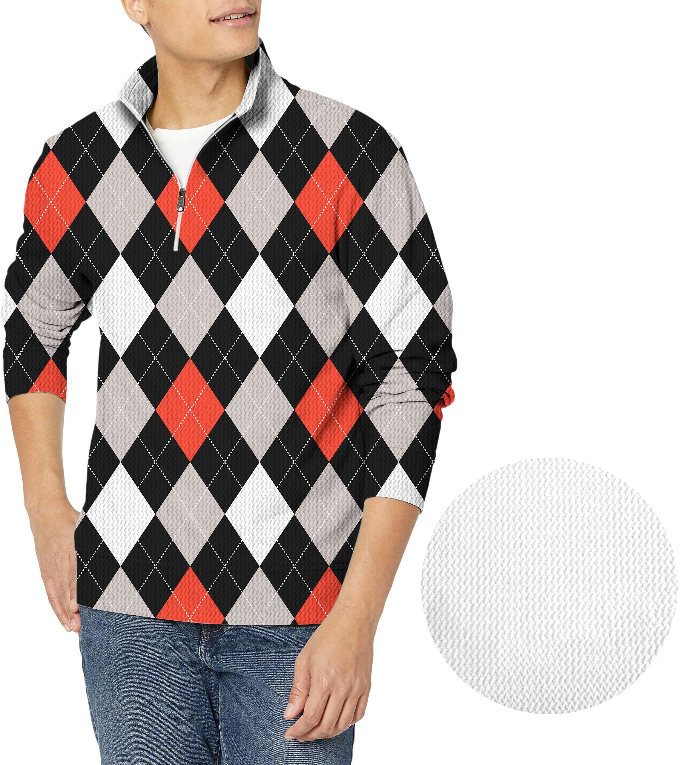 Argyle red black-Men's Golf Waffle Zipper Pullover