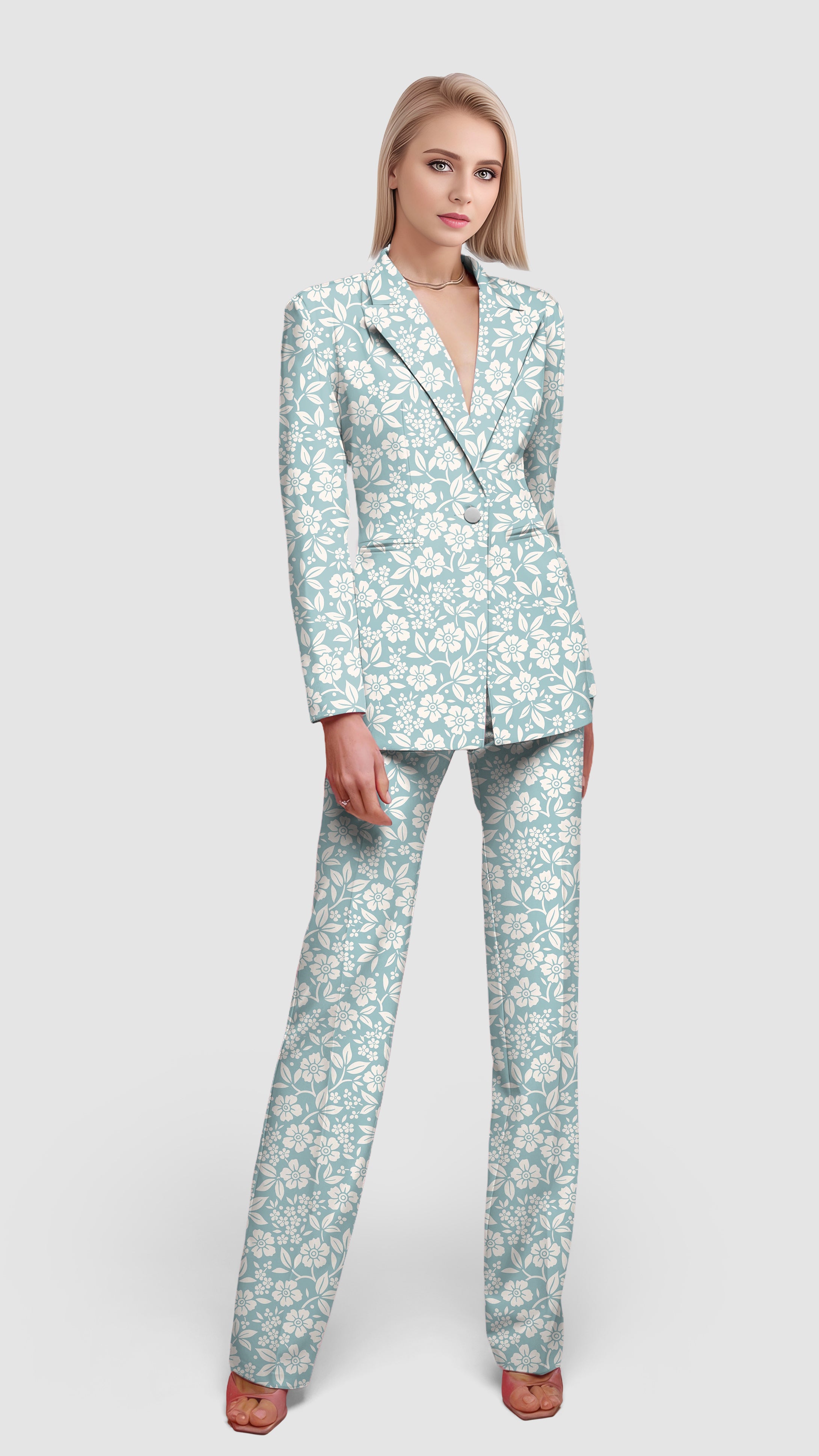 Relaxed Blue Floral-Women's Blazer Casual Work Office Blazer Suit set
