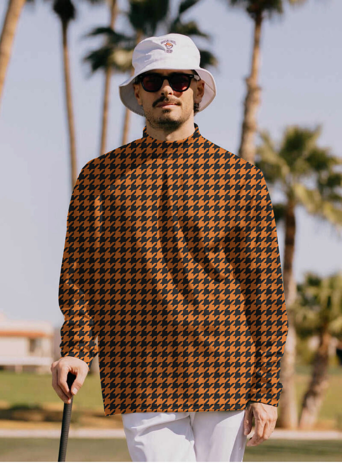 Men's Halloween yellow and black houndstooth Mock Neck Long/Short Sleeve Golf Tops