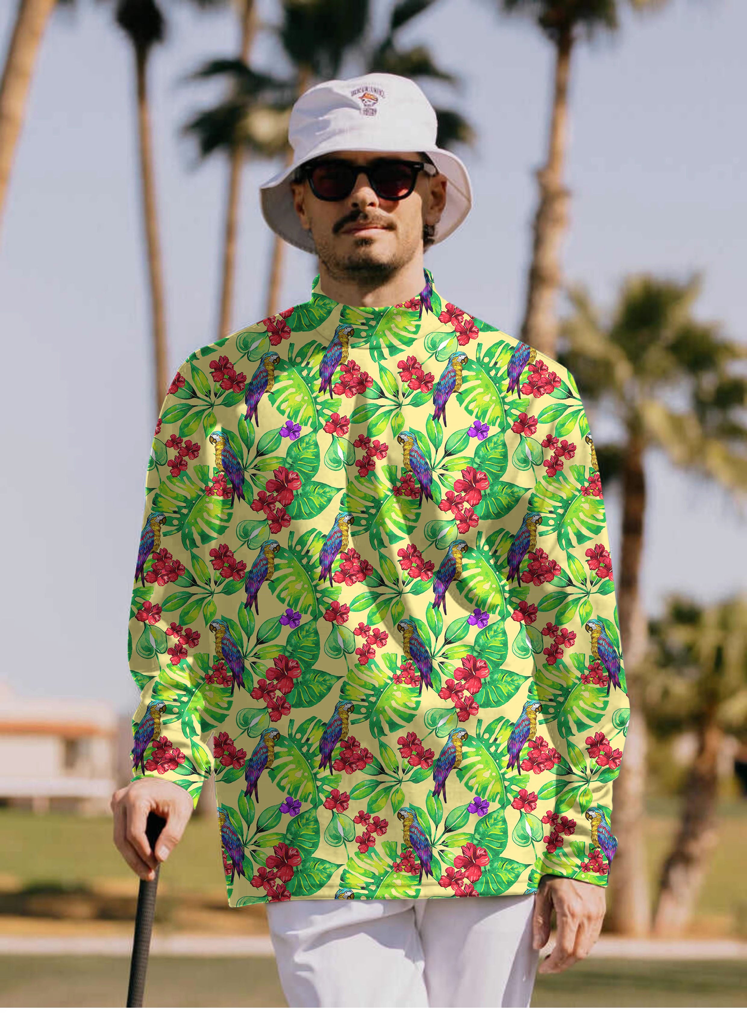 Men's Toucan tropical flowers Pullover High neck Long/Short sleeve T-Shirt