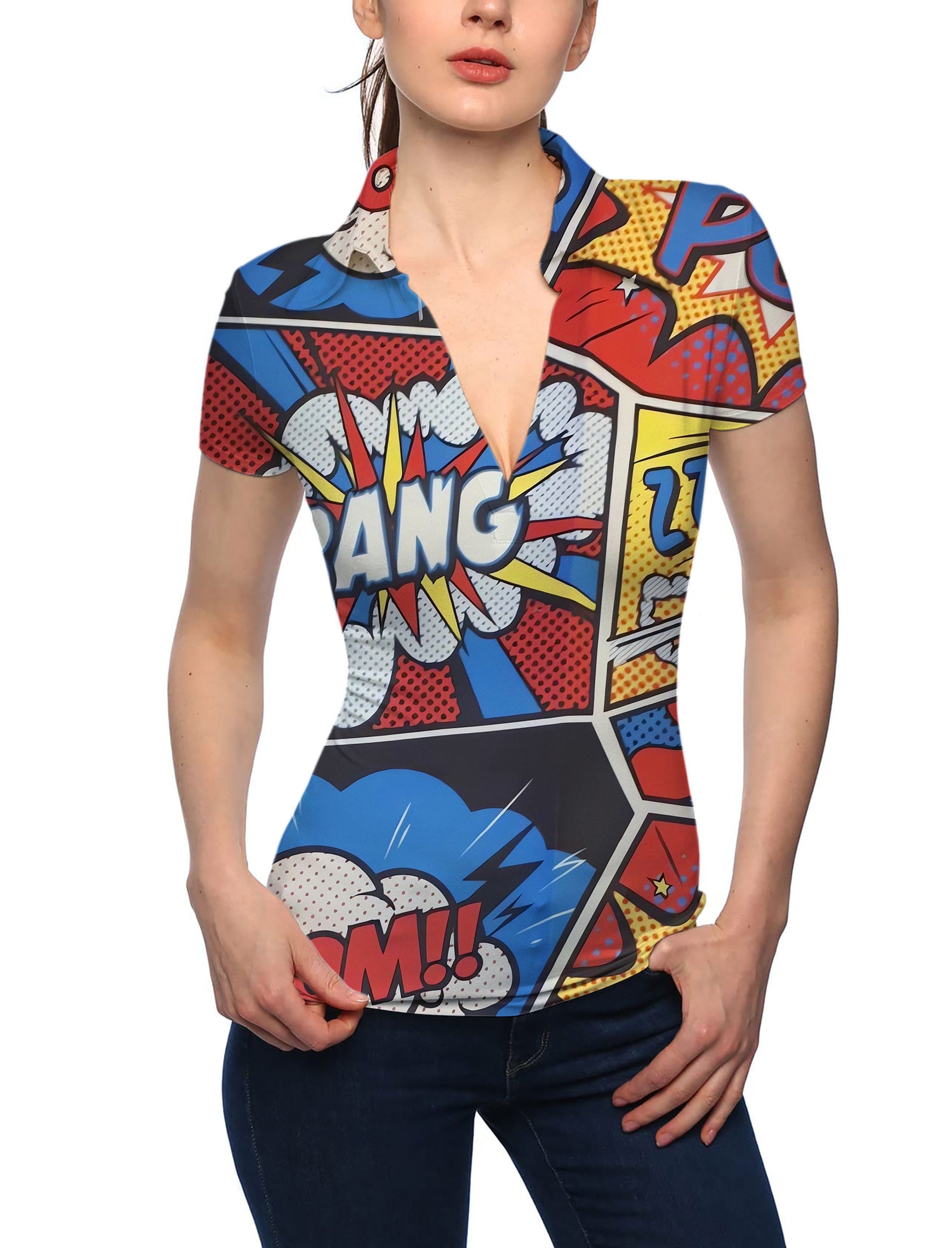 Women's COMICS BANG V Neck Golf Polo