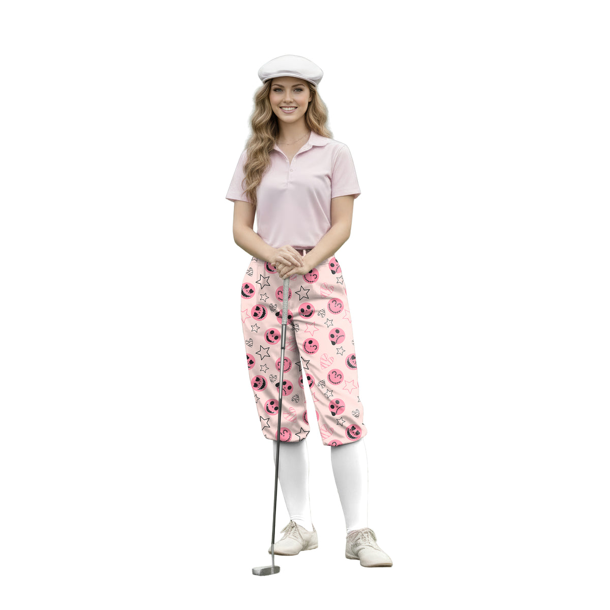 Personalize And Add To Cart Men's Halloween pink smiley face Polo Womens Golf Knickers Pants