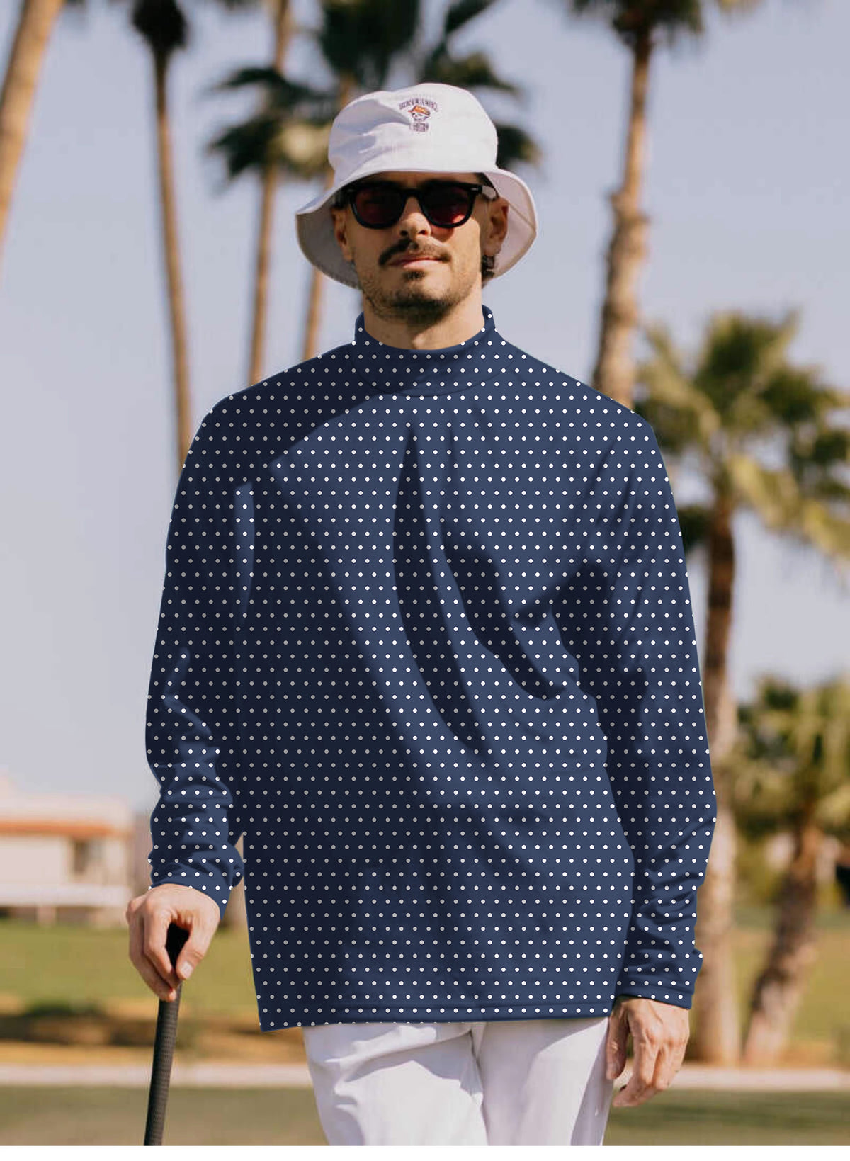 Men's Navy blue with white polka dots Mock Neck Long/Short Sleeve Golf Tops