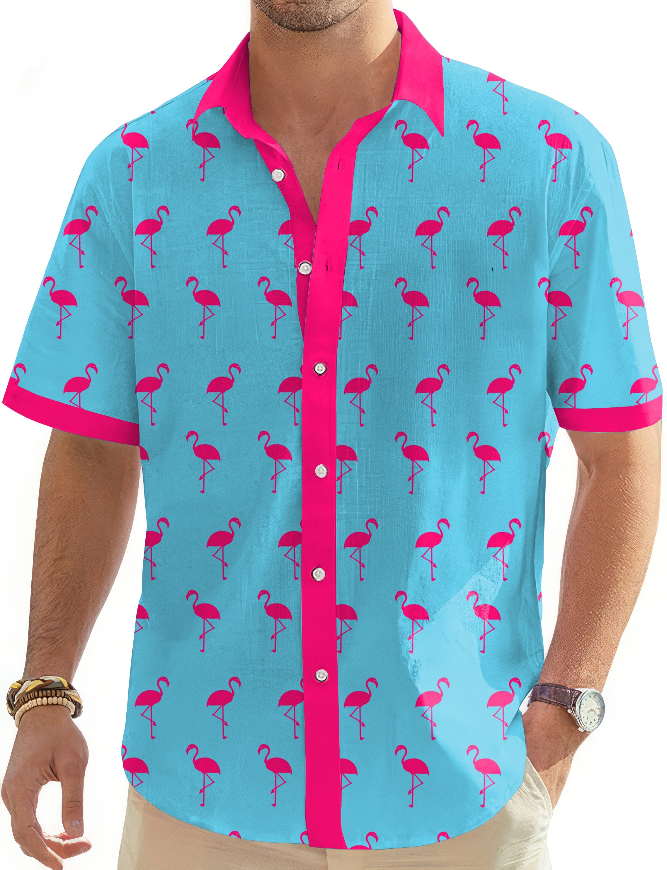 flamingo-Men's Golf Hawaiian Shirts Button Down Shirt