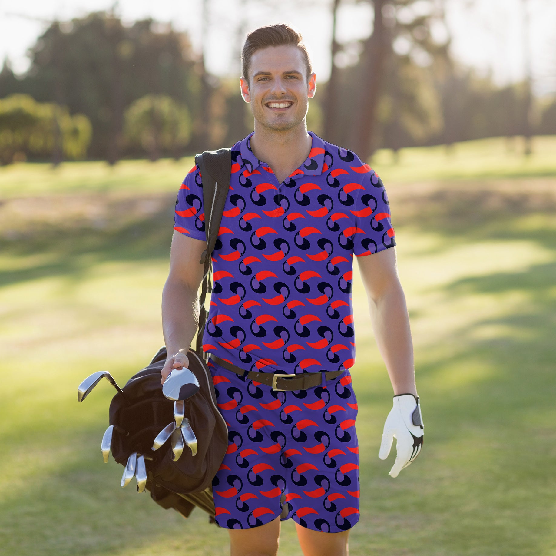 Men's Golf Set Polo+Shorts purple toucan