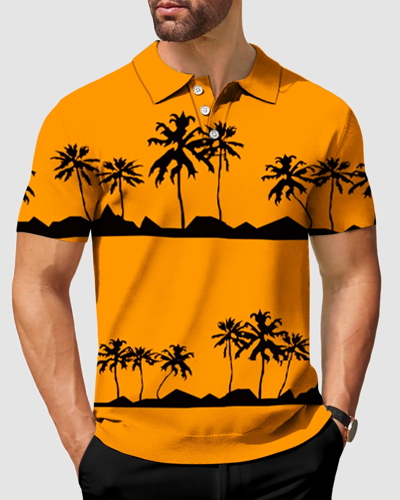 Men's Setting sun and coconut trees polo shirt with stretch, moisture-wicking fabric, and UPF 40+ protection