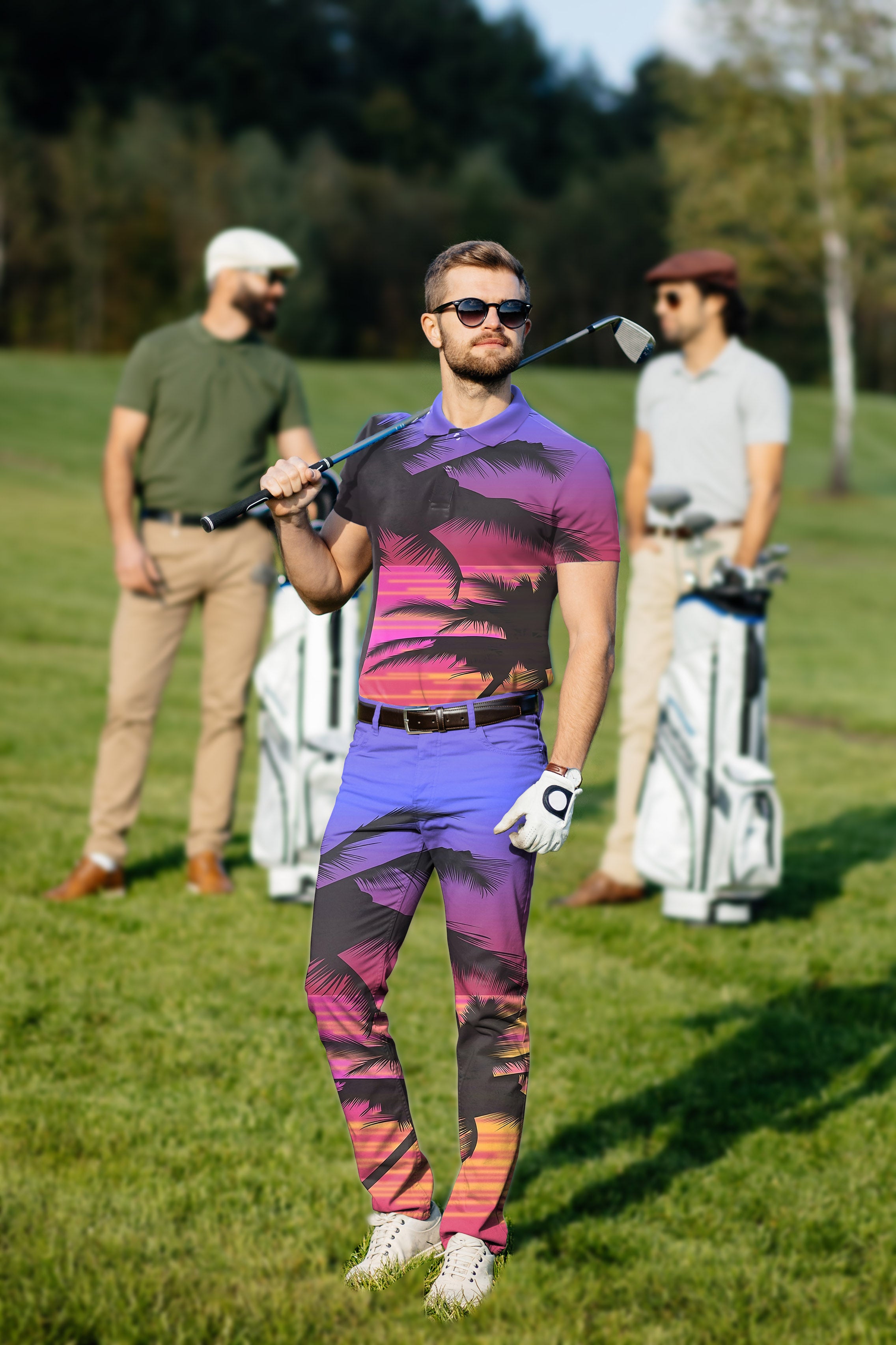 Men's Golf Set Polo+Pants Red Sunset Palm Tree