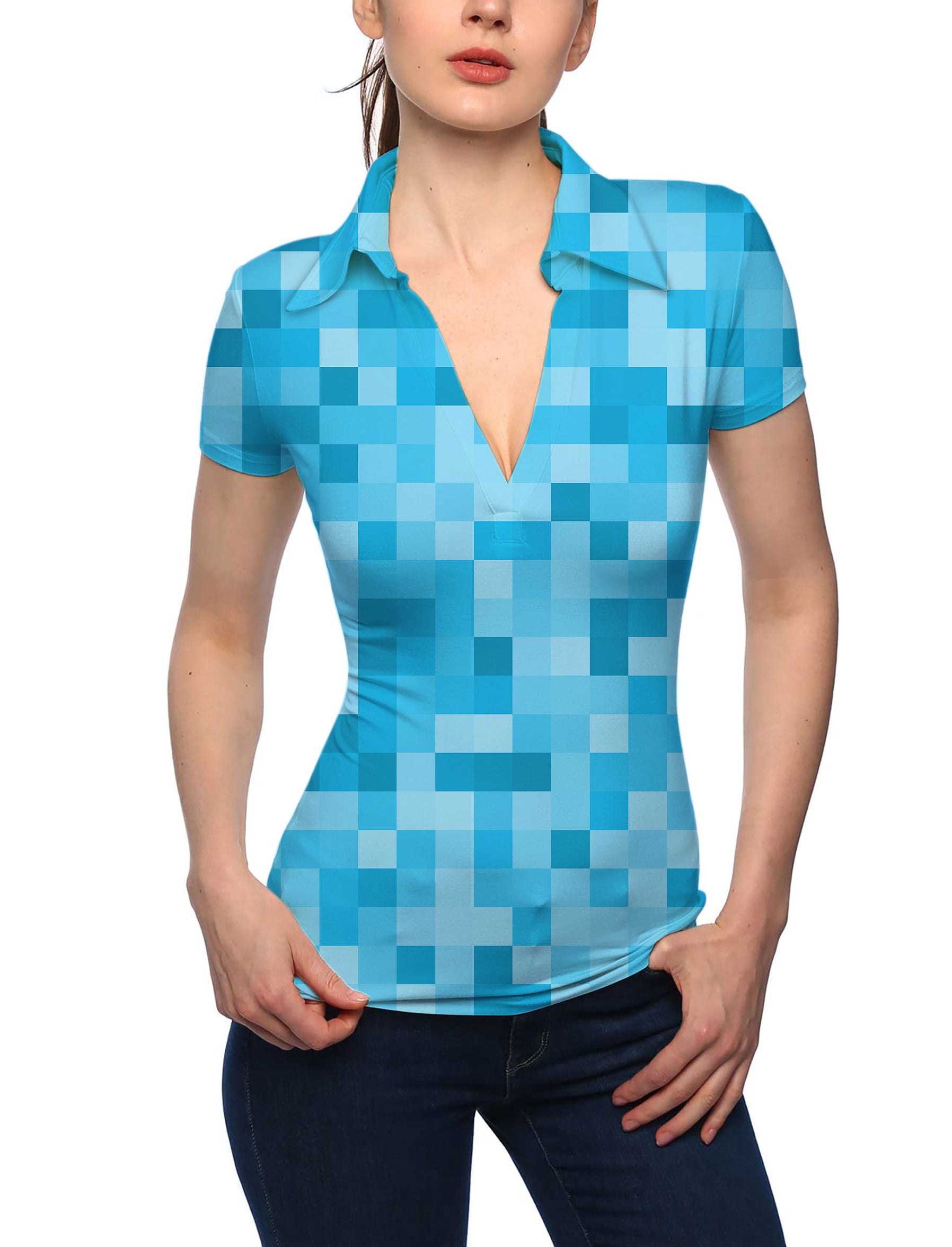 Women's Blue Pixel Big V Neck Golf Polo