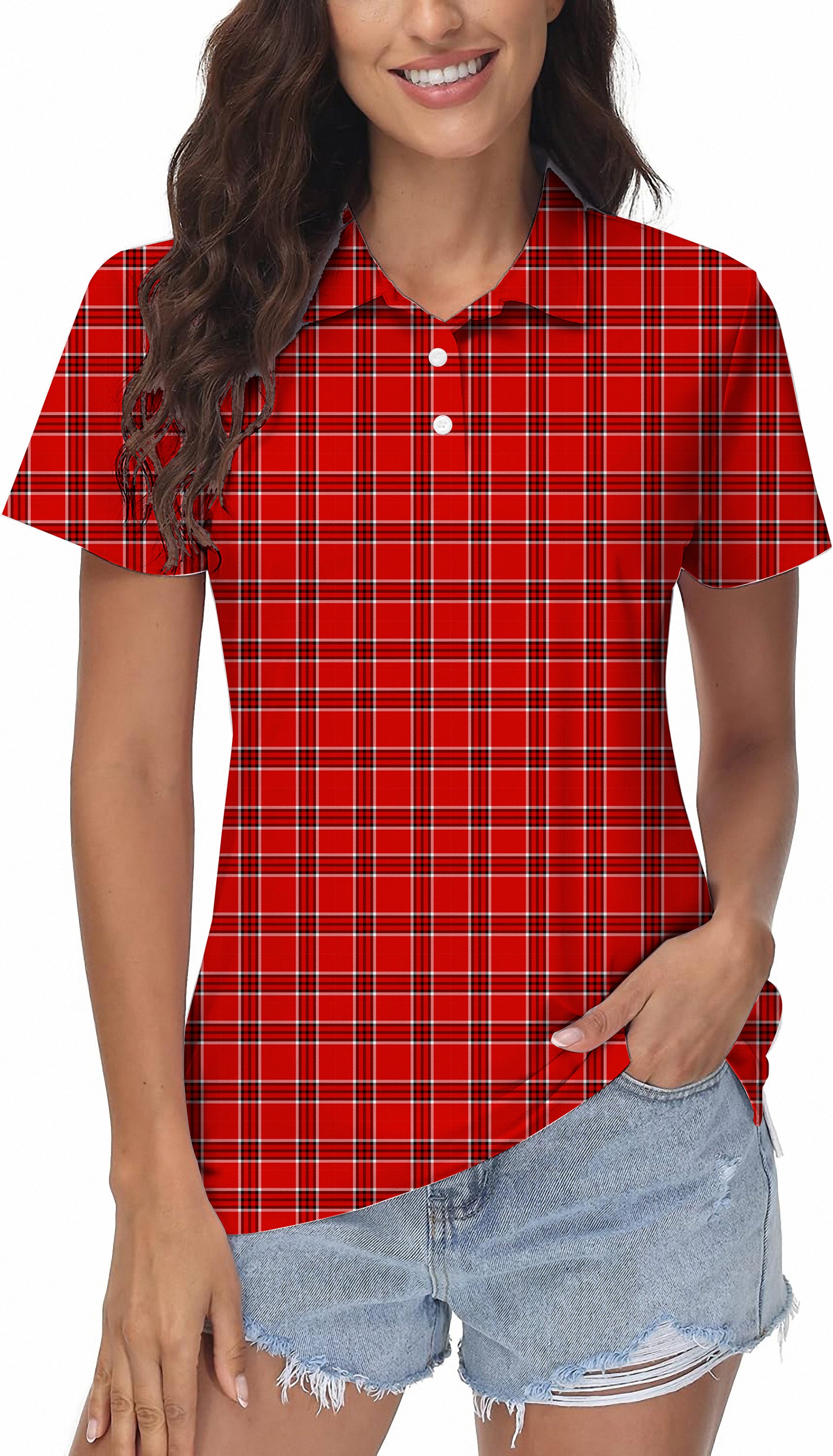 Red grid Women's Golf Polo