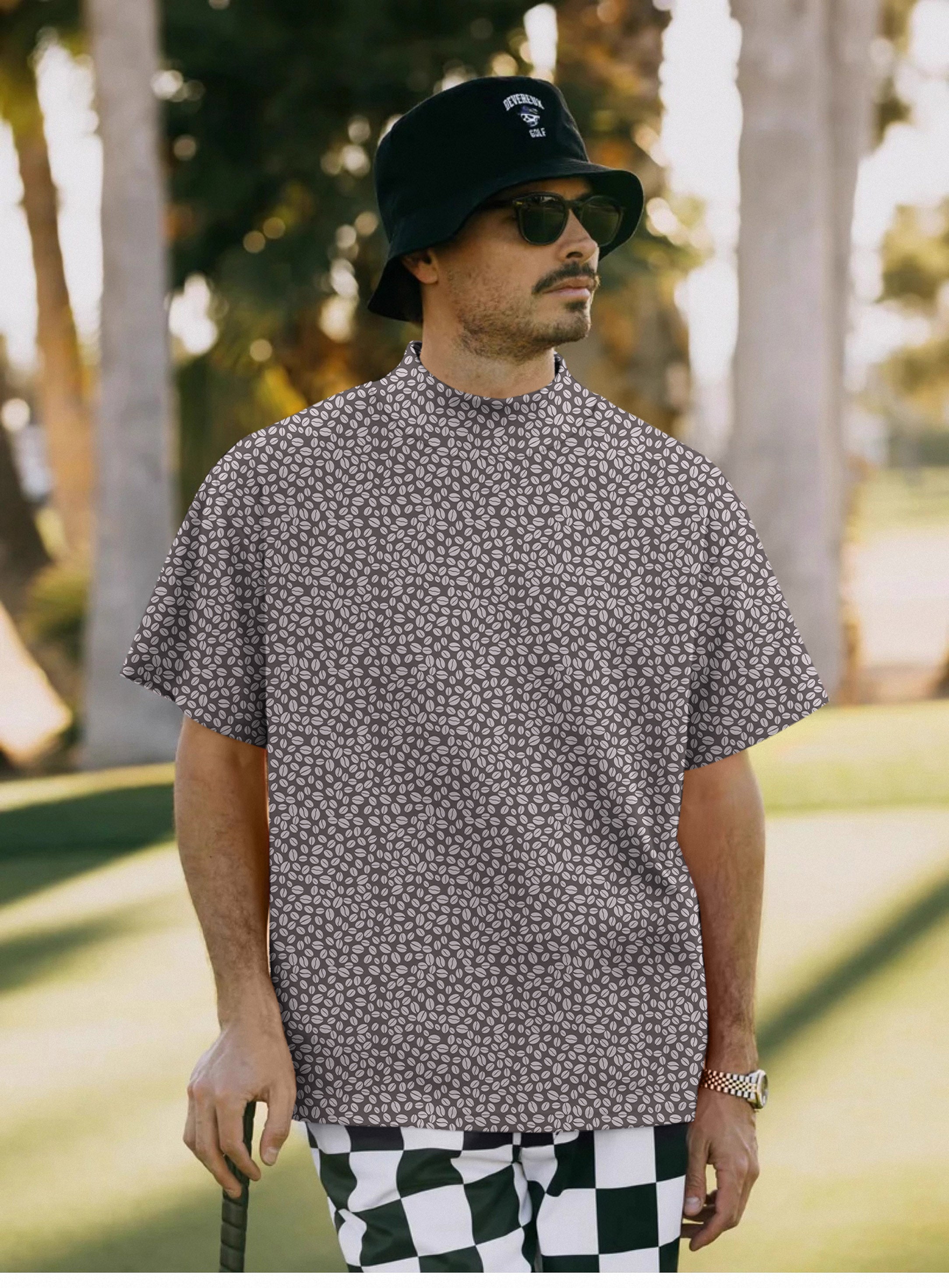 Men's Coffee Beans Pullover high neck short sleeve T-shirt with coffee bean pattern and golf wear style
