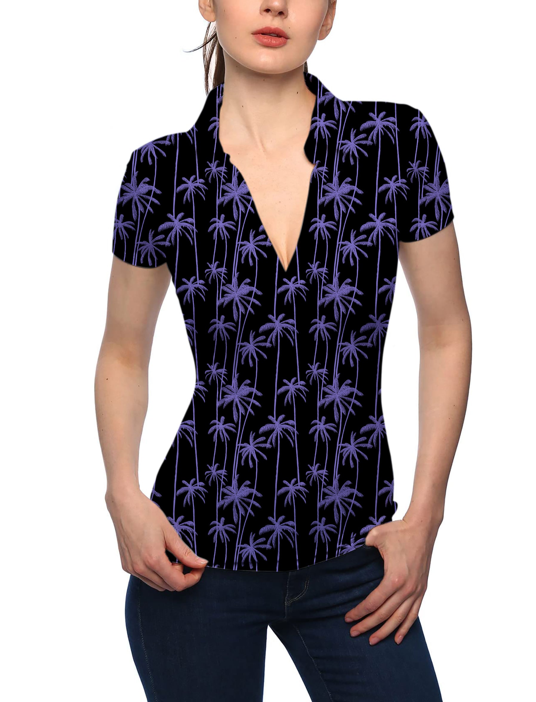 Women's Purple Coconut Tree V Neck Golf Polo