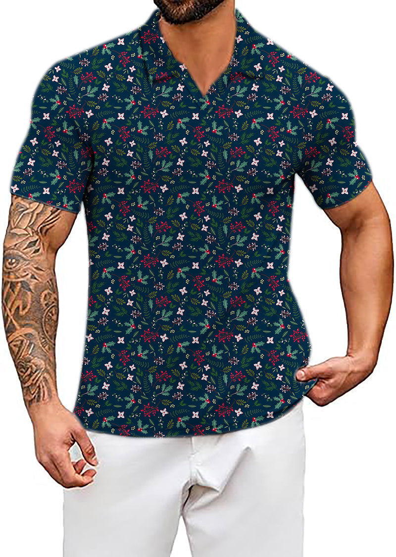 Men’s Coconut Palm navy blue ink dots shirt with Christmas holly pattern and classic fit