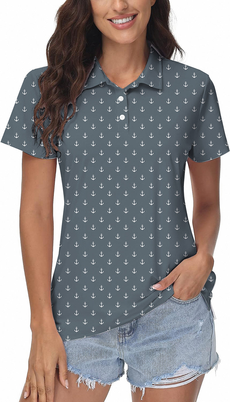Gray anchor women's golf polo with customized monograms, four-way stretch, moisture-wicking fabric, wrinkle resistant, UPF 40+ protection, and classic fit.