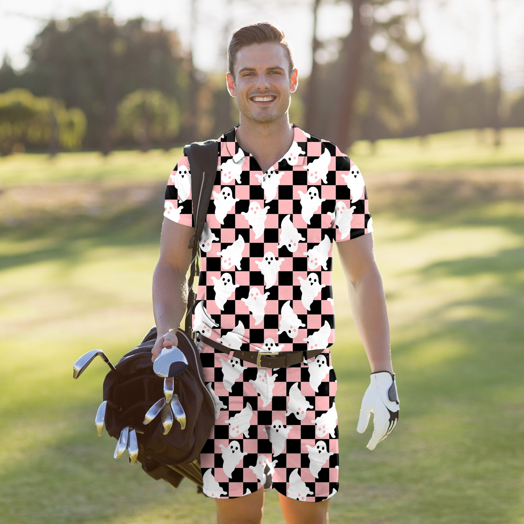 Men's Golf Set Polo+Shorts Halloween Black and White Checkerboard Ghost