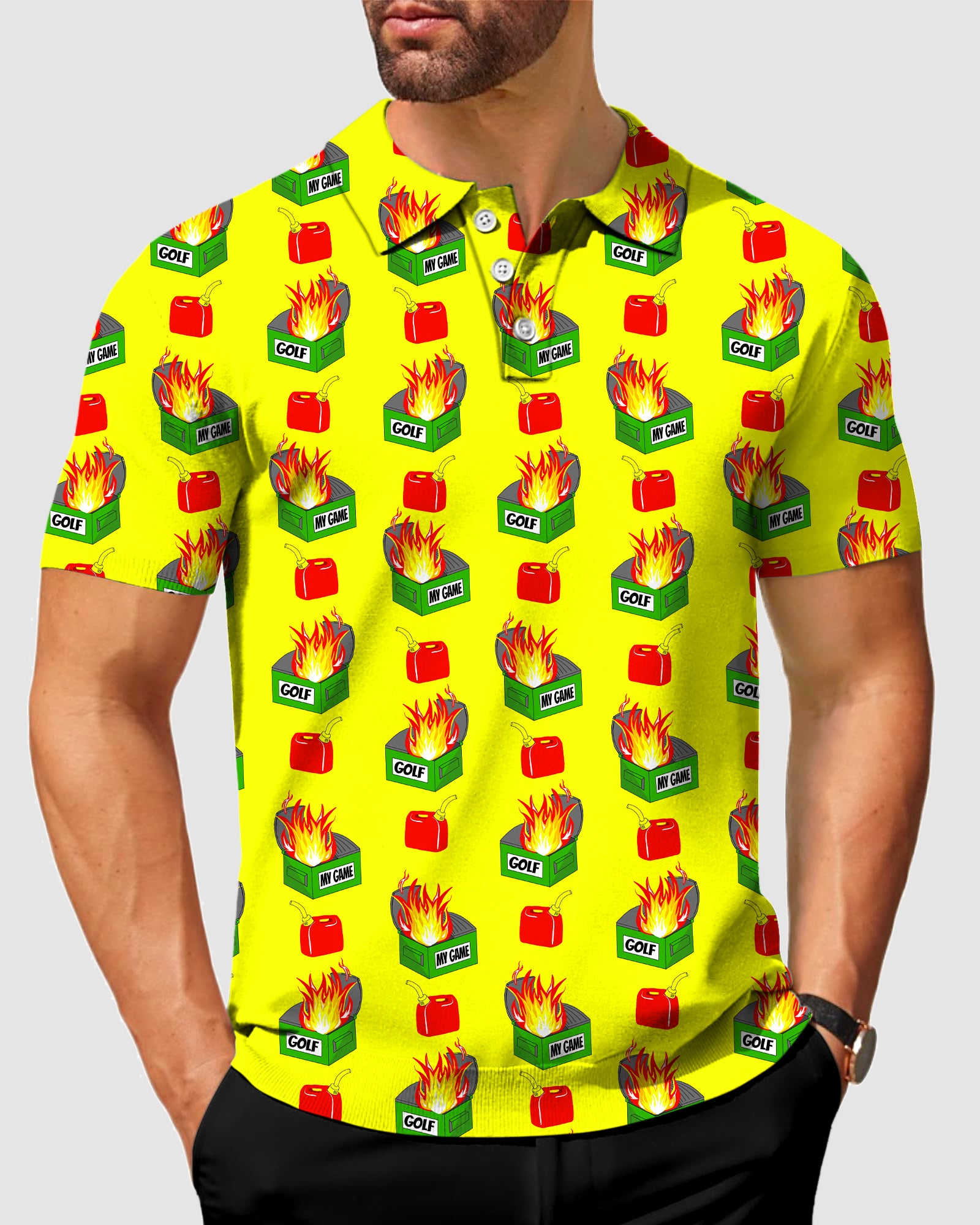 Men's dumpster fire yellow Designer style Polo