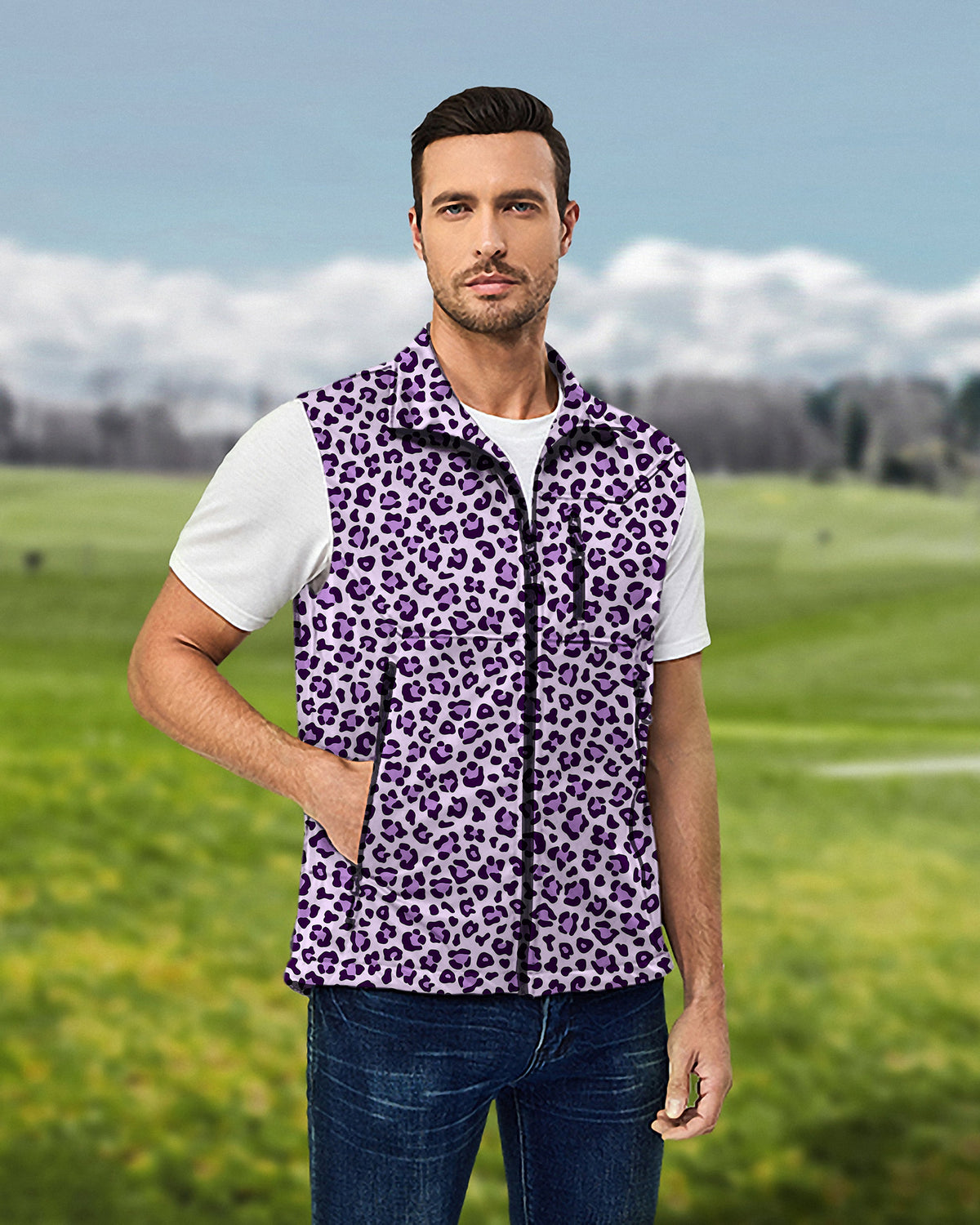 Men's pink leopard print Lightweight Softshell Vest Sleeveless Jacket for Golf Windproof Waterproof