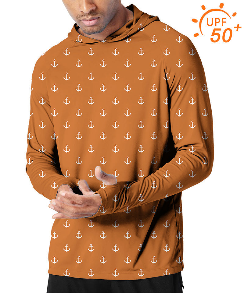 Men's outdoor sun protection slim fit orange hoodie with anchor print and UPF 50+ rating
