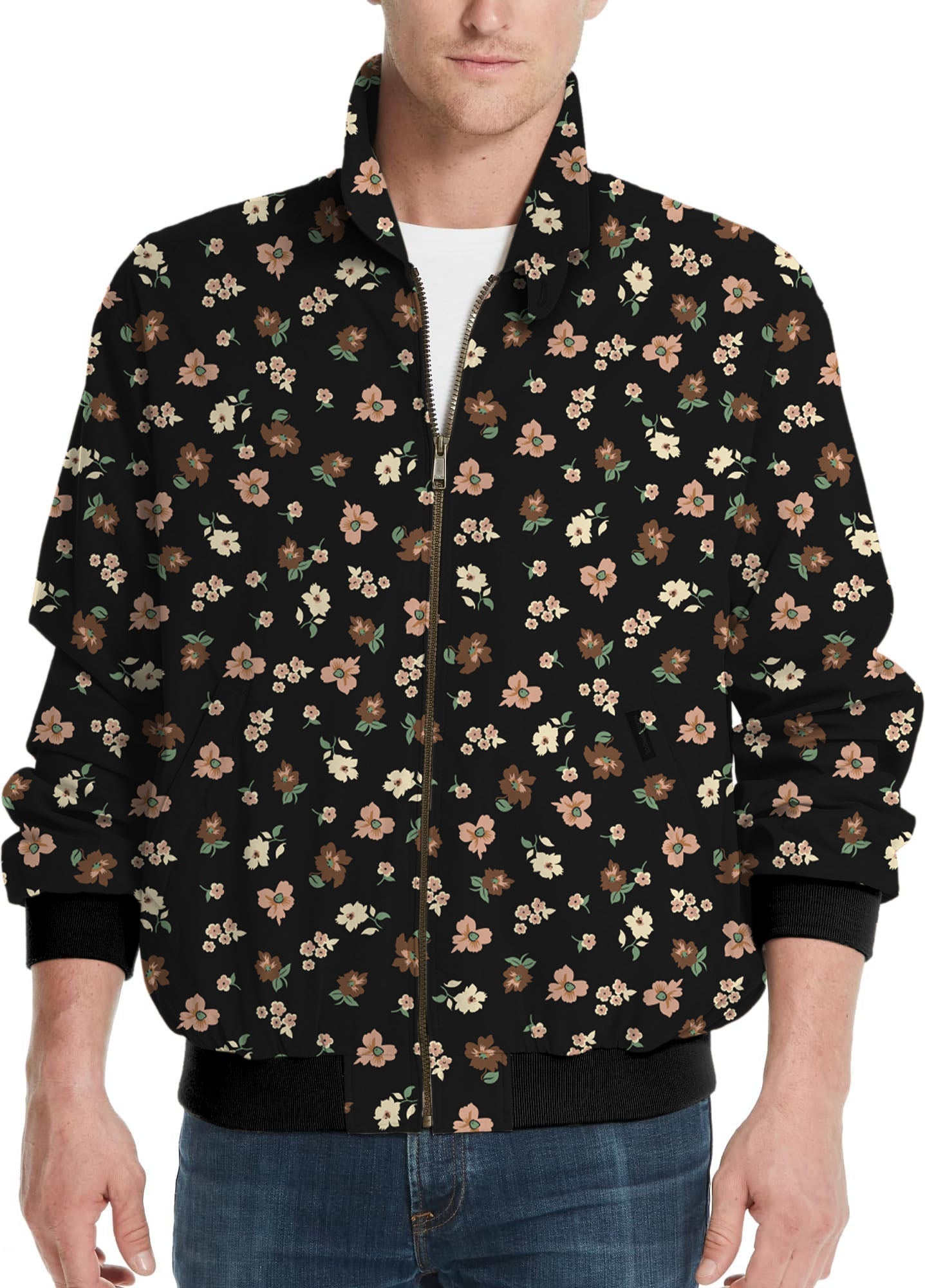 Men's black flower golf windbreaker light jacket with floral pattern and zipper front