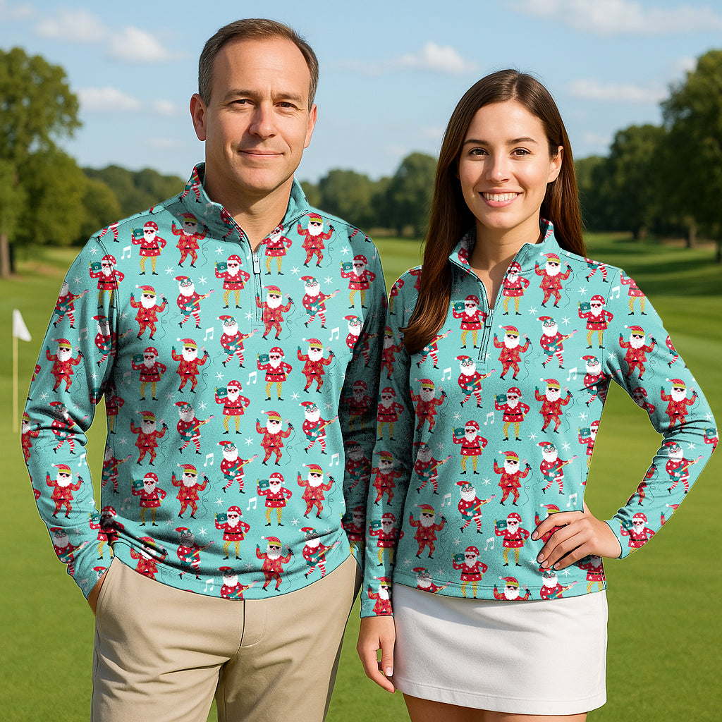 Christmas Santa dance Couple Golf Active 3/4 Zip Top Long Sleeves