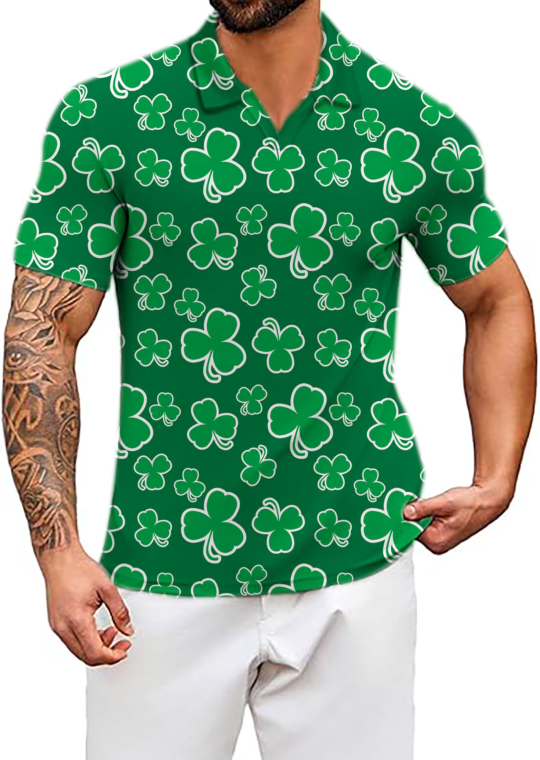 Men's Leaf clover St. Patrick's Day V Neck Golf Polo Shirts