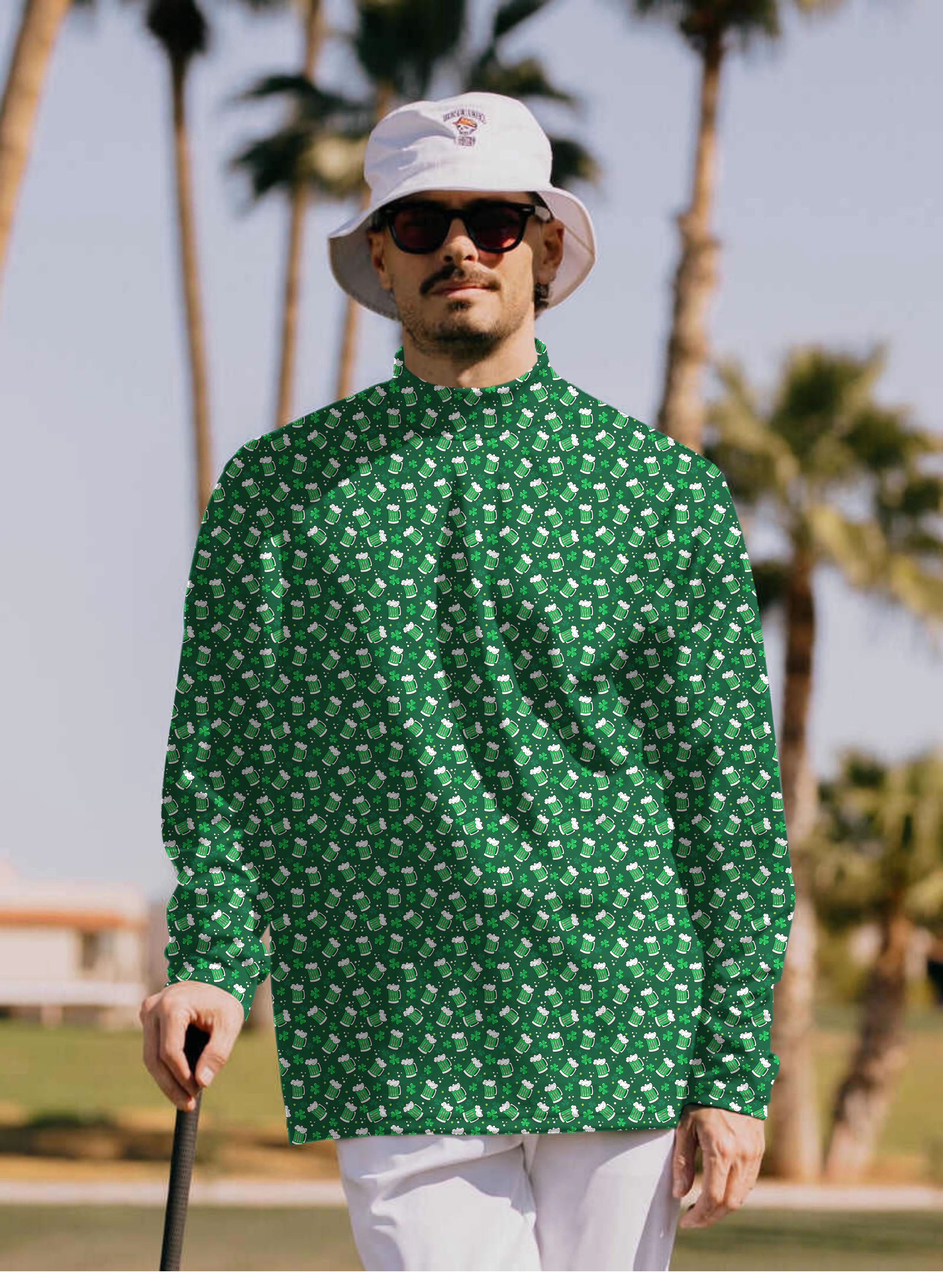 Men's Green beer clover leaf St. Patrick's Day Pullover High neck Long/Short sleeve T-Shirt