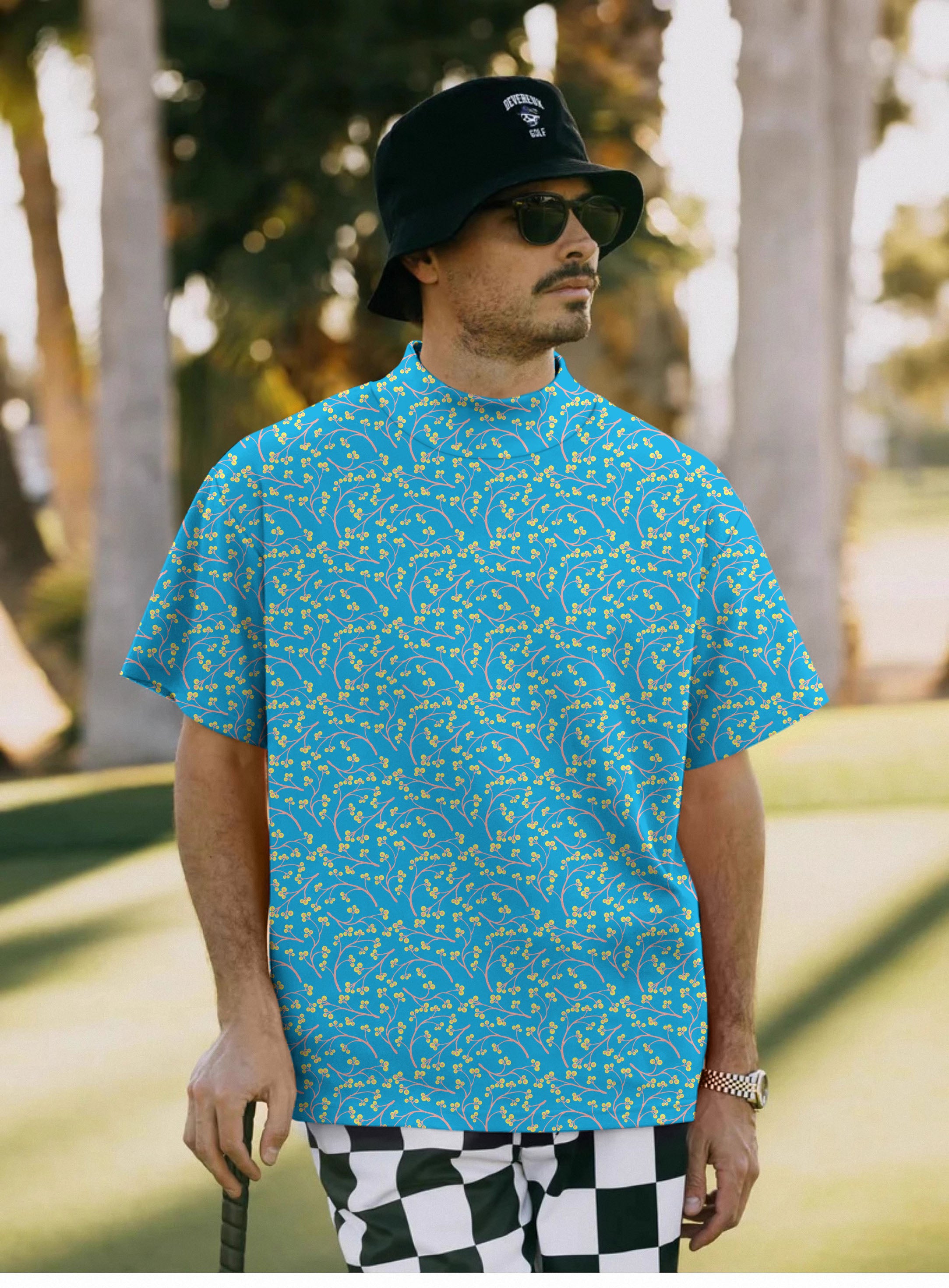 Men's Blue Flowers Pullover High neck Long/Short sleeve T-Shirt
